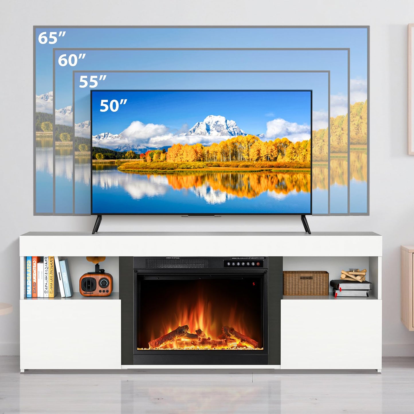 Electactic 59" Electric Fireplace TV Stand with Mantel, Storage Cabinet, Remote Control for LED Flame & Heater, for Living Room & Bedroom White