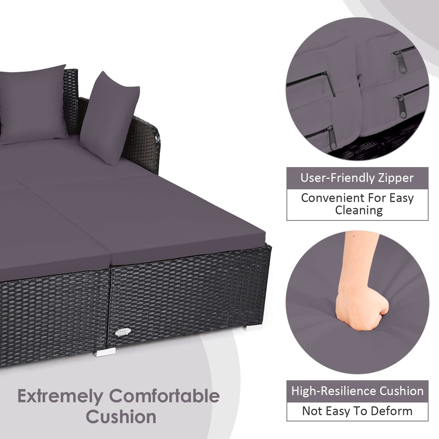 Tangkula Outdoor Rattan Daybed, Sunbed Wicker Furniture w/Spacious Seat, Upholstered Cushion & High-Resilience Sponge, Wicker Patio Sofa Set w/Extra Pillows for Courtyard Poolside (Grey)