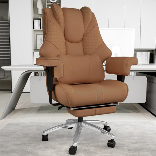 400lbs Big and Tall Office Chair, Wide Ergonomic Leather Executive Chair for Heavy People with Foot Rest, High-Back Reclining Computer Chair with Swivel Wheels and Lumbar Support (Brown)