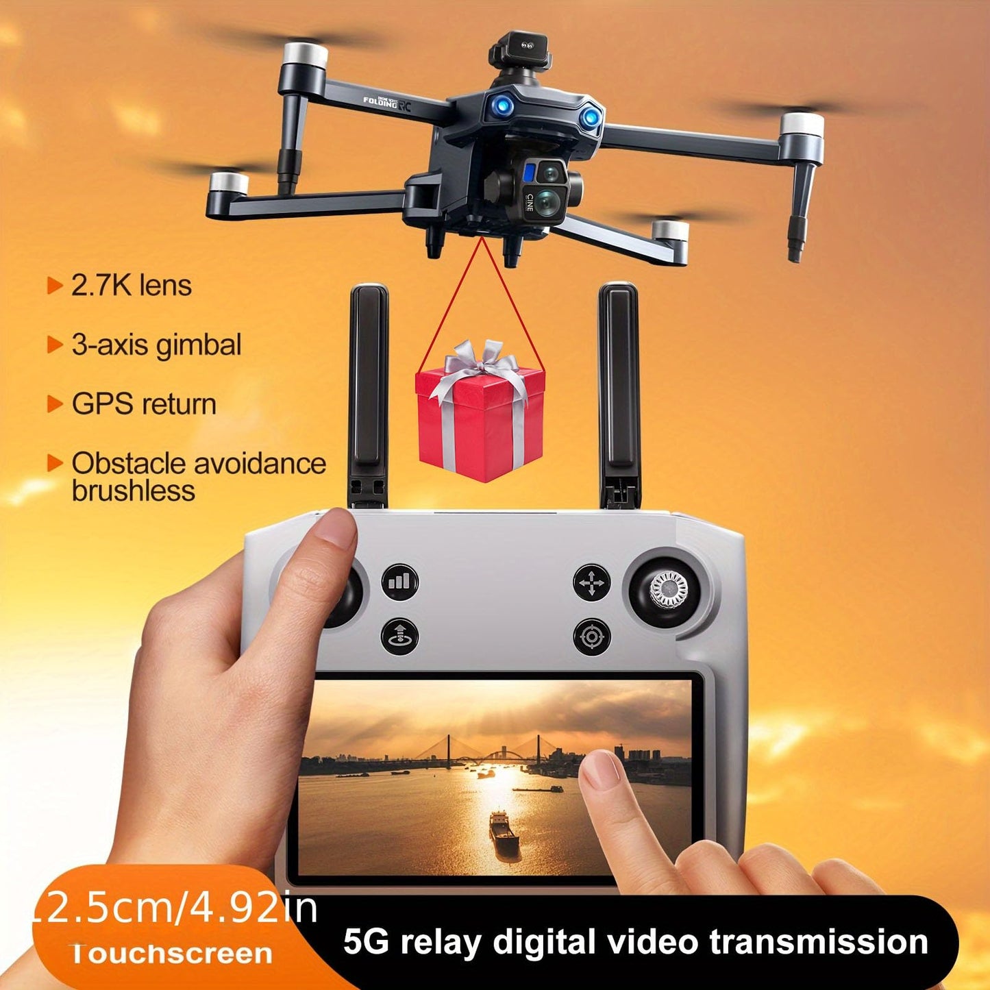 Airdrop Drone, Max Payload Capacity About 0.66 Lbs, GPS Positioning System, 4.92-Inch Touchscreen Remote Controller, 2.7K 3-Axis Gimbal Camera, 2 Batteries for Total Flight Time About 50 Minutes, Dual Cameras, 4-Way Obstacle Avoidance Function, Optical Fl