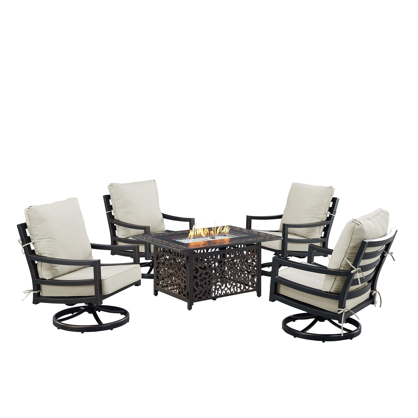 Oakland Living Black Aluminum Patio Fire Table Set with Four Club Chairs with Light Grey Cushions