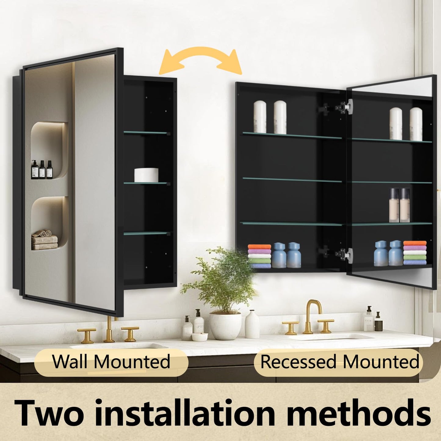 FOMAYKO 24x30 Inch Bathroom Medicine Cabinet with Mirror – Brushed Black Aluminum Frame, Surface Mount Single-Door Storage Cabinet, Black Bathroom Vanity Mirror Cabinet