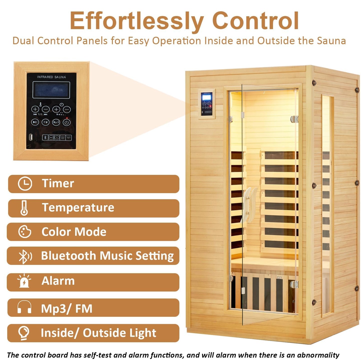 1 To 2 Person Infrared Sauna for Home, Low EMF Far Infrared Therapy with 6 Heating Plates, Canadian Hemlock Wood Dry Sauna Room with Chromotherapy Light, Bluetooth Speaker & Dual Controls, Home SPA