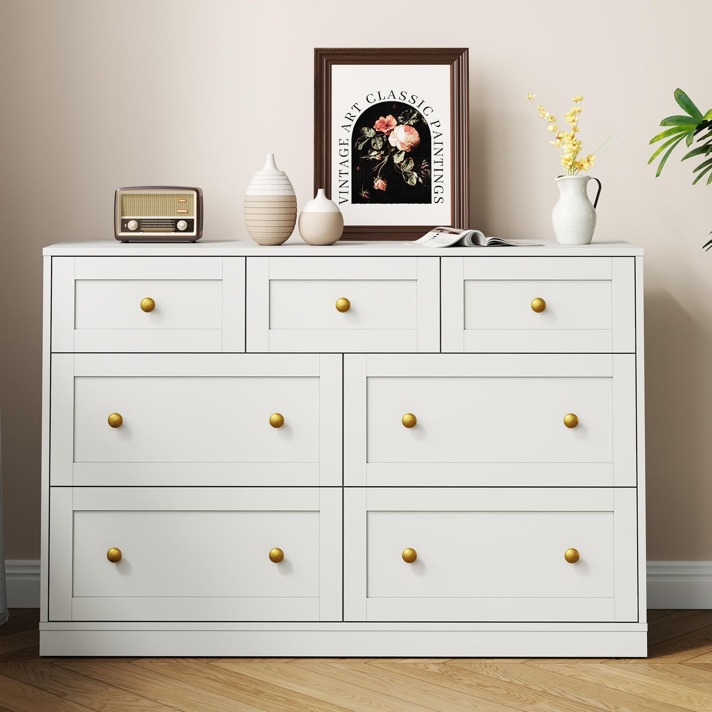 RoyalCraft 7 Drawer Dresser, White Dresser for Bedroom, Wood Chest of Drawers, Modern Dresser TV Stand for Living Room, Closet, Entryway