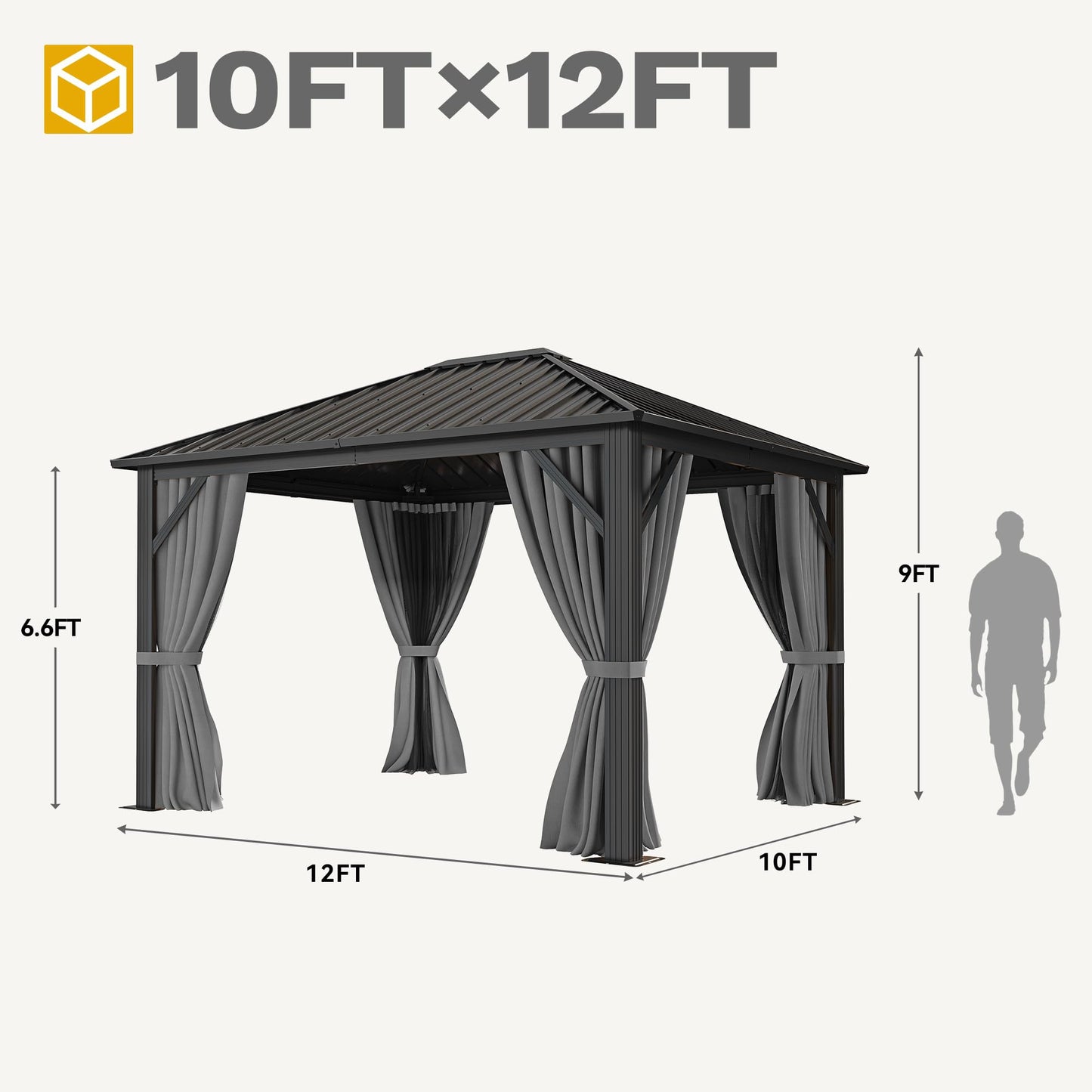 DWVO 10x12ft Gazebo Hardtop Heavy Duty Canopy with Nettings and Curtains, Galvanized Steel Outdoor Vertical Stripes Roof for Patio, Backyard, Deck, Lawns, Gray