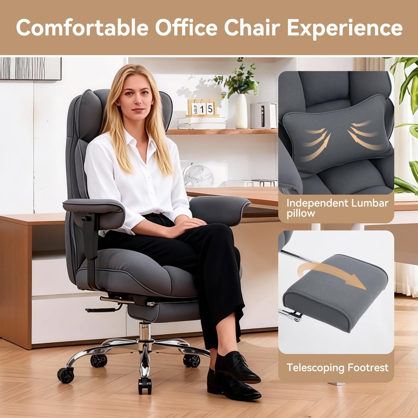 Efomao Big and Tall Office Chair with Footrest, 350lbs Heavy Duty Desk Chair, Extra Wide High Back Executive Office Chair for Long Hours, Reclining Home Office Chair with Breathable Fabric, Blue Grey