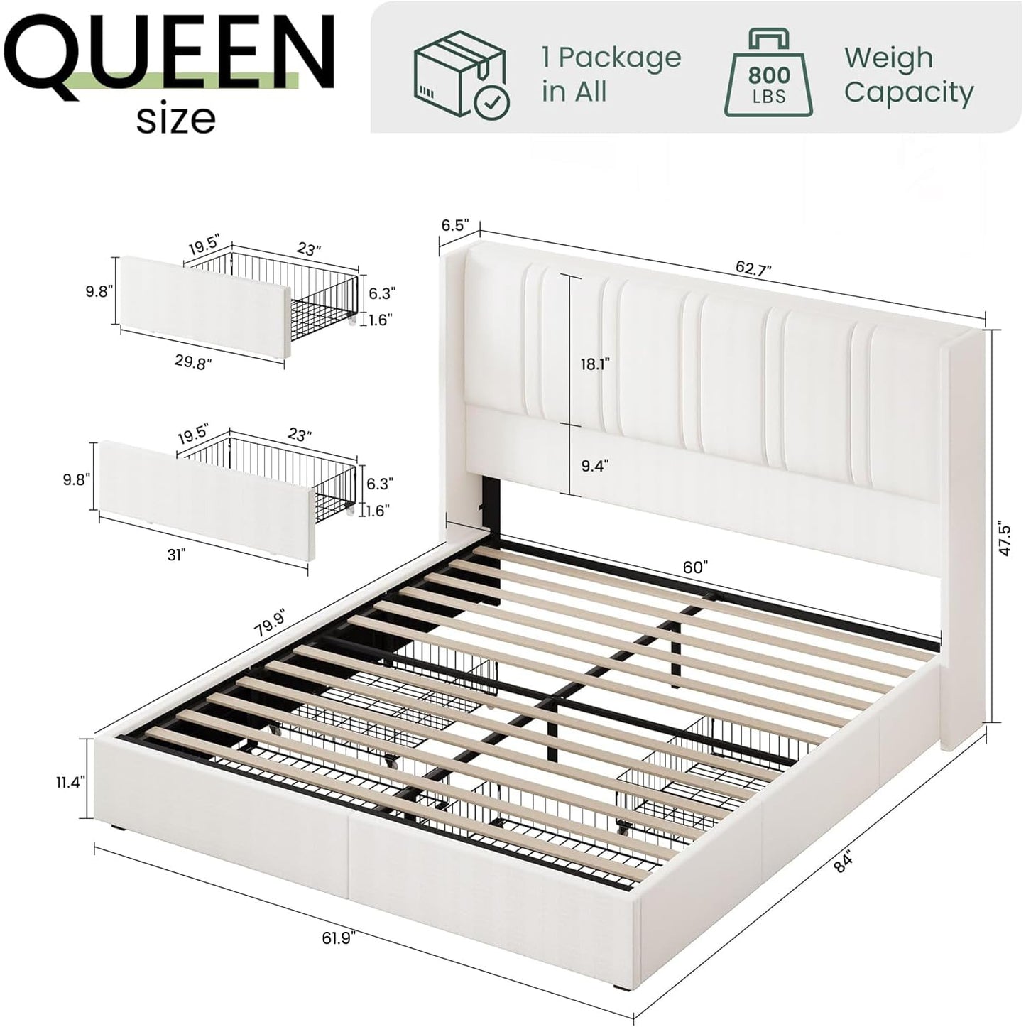 LARMACE Queen Size Bed Frame with 4 Storage Drawers and Wingback Headboard Linen Upholstered Platform Bed Frame with Wooden Slats, Easy Assembly, White
