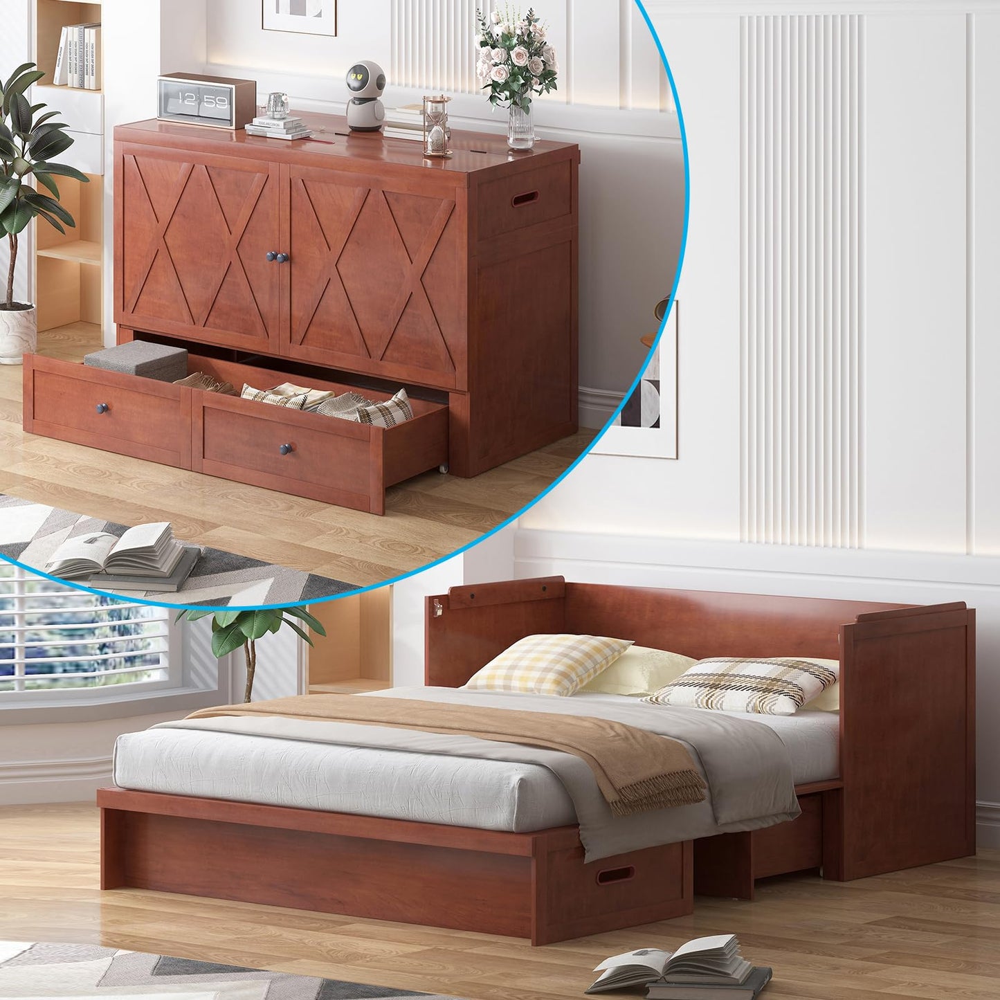 Mjkone Murphy Bed, Queen Hidden Cabinet Bed with Built-in USB Charging Station and 2 Storage Drawers, Murphy Wall Beds Cabinet Beds for Living Room, Guest Room, Apartment, Brown (No Mattress)