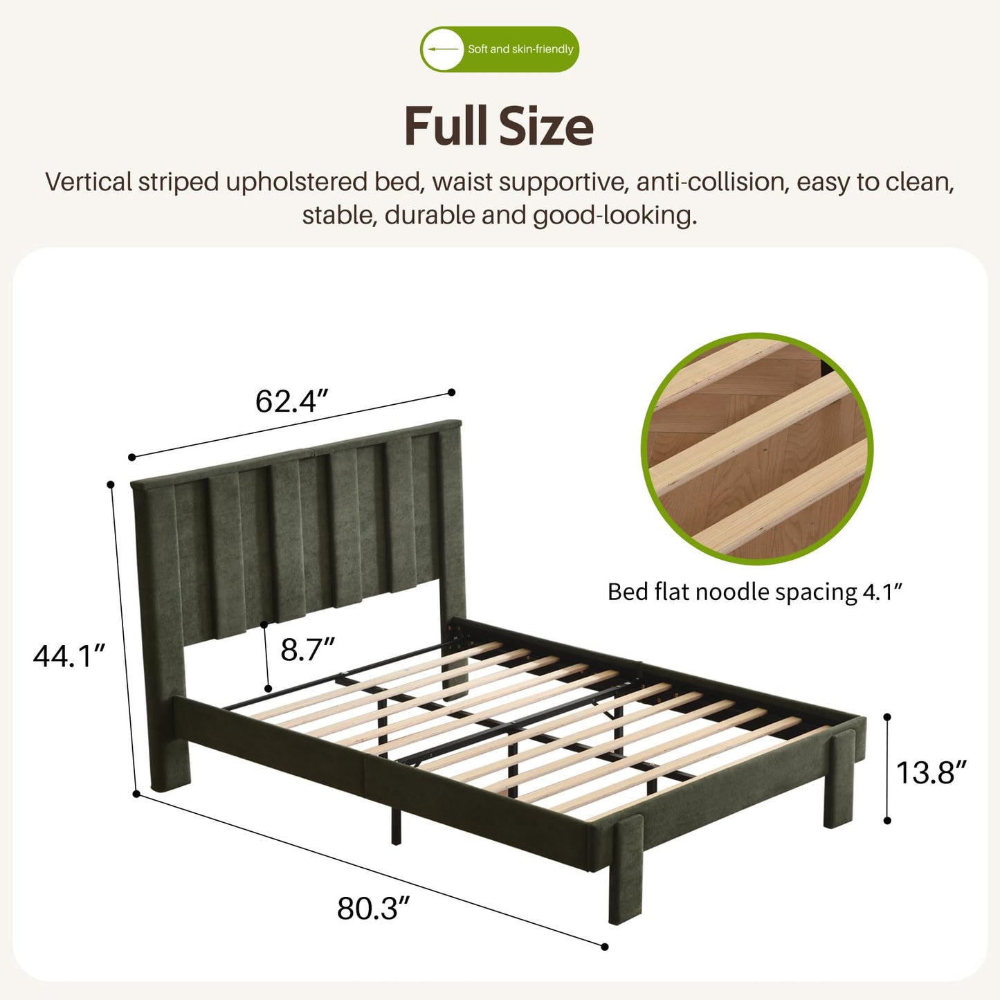 PINJU Sturdy Upholstered Platform Bed Frame with Vertical Channel Tufted Headboard, No Box Spring Needed, Easy Assembly, Noise-Free Bed Frame for Bedroom (Green, Full)