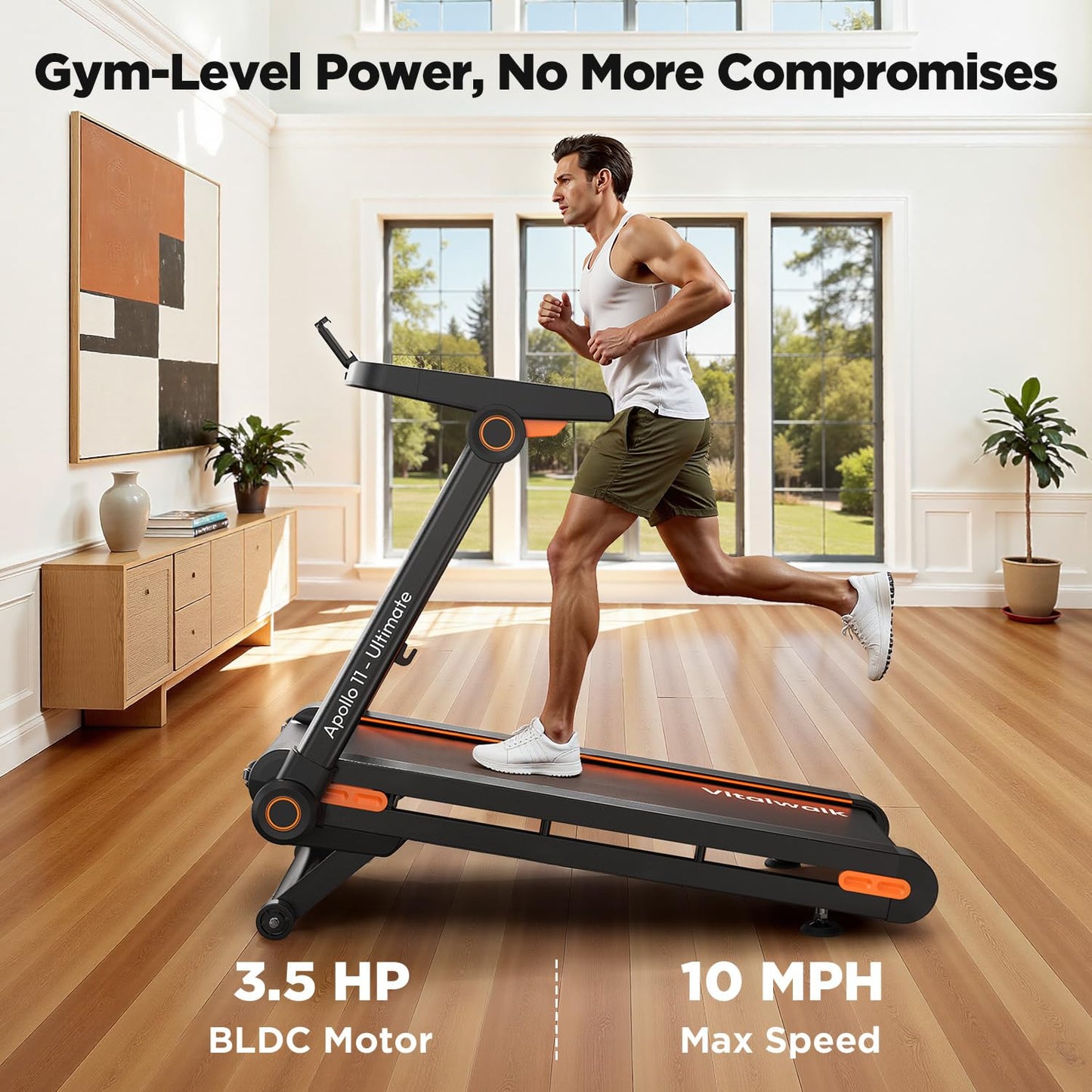 Vitalwalk Foldable Treadmill with Auto Incline, Commercial 49"x18" Wide Running Belt, 10MPH, 3.5HP Brushless, Walking Pad Treadmill for Home, Auto Folding, No Installation, 350LBS, APP, Standard