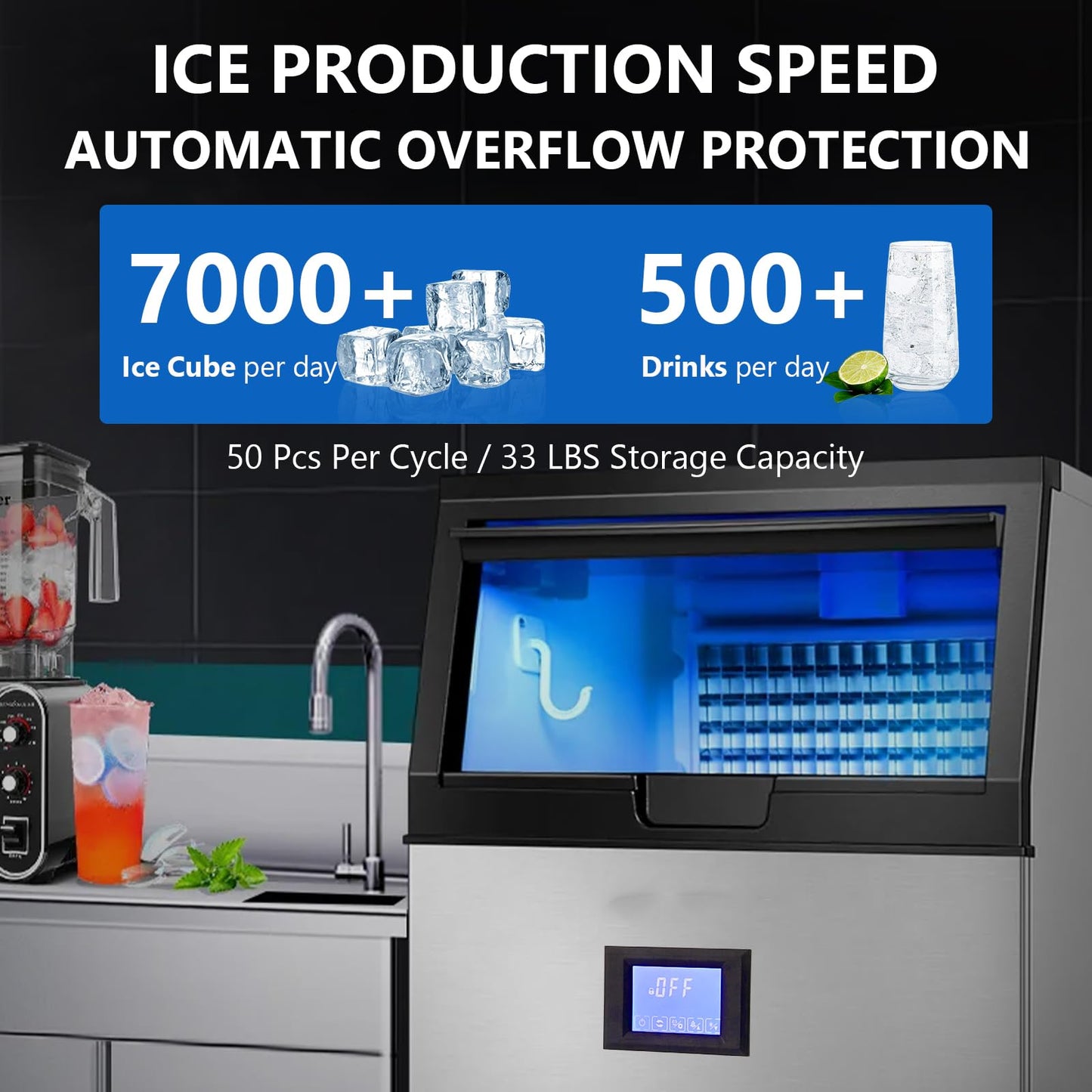 Garvee Commercial Ice Machine, 100 LBS/24h Ice Maker with 2 Water Inlet Modes, 50Pcs/Cycle, 33 LBS Storage Bin, Ice Machine for Home Bar, Coffee Shop, Business