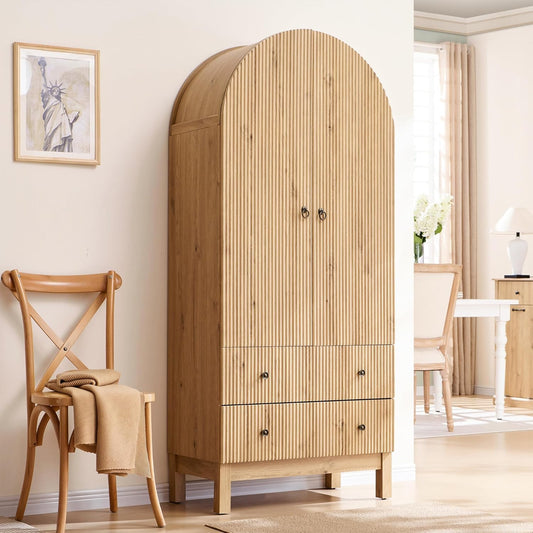 IFGET Fluted Arched Pantry Cabinet, 71" Tall Kitchen Storage Pantry Cabinet with Adjustable Shelves and 2 Large Drawers, Freestanding Morden Versatile Cupboard for Living Room, Bathroom, Natrual