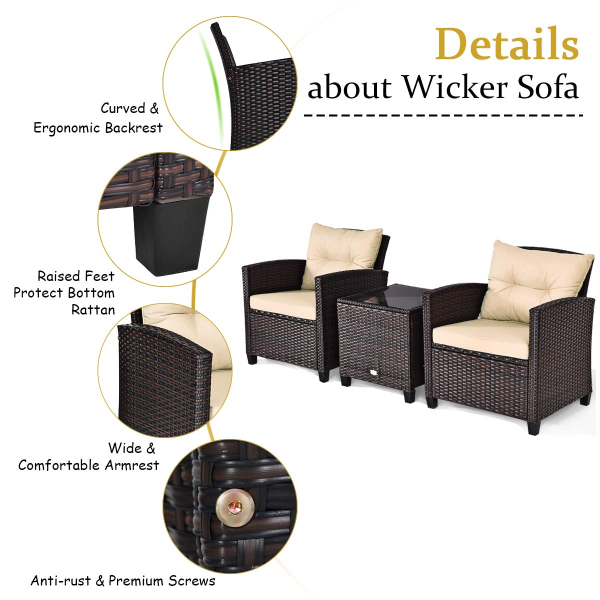 COSTWAY 3PCS Patio Furniture Set, PE Rattan Wicker Sofa w/Washable Cushion and Coffee Table, Tempered Glass Tabletop, Outdoor Conversation Set for Balcony, Porch, Yard, Backyard, Lawn, Beige