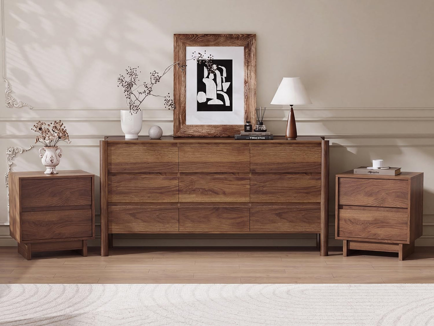 CHUWELL 3-Piece Bedroom Dresser Set-9 Drawer Dresser & 2 Nightstands,63" Wide Walnut Dresser and Night Stands with Solid Wood Cylindrical Legs,Rustic Wooden Storage for Bedroom