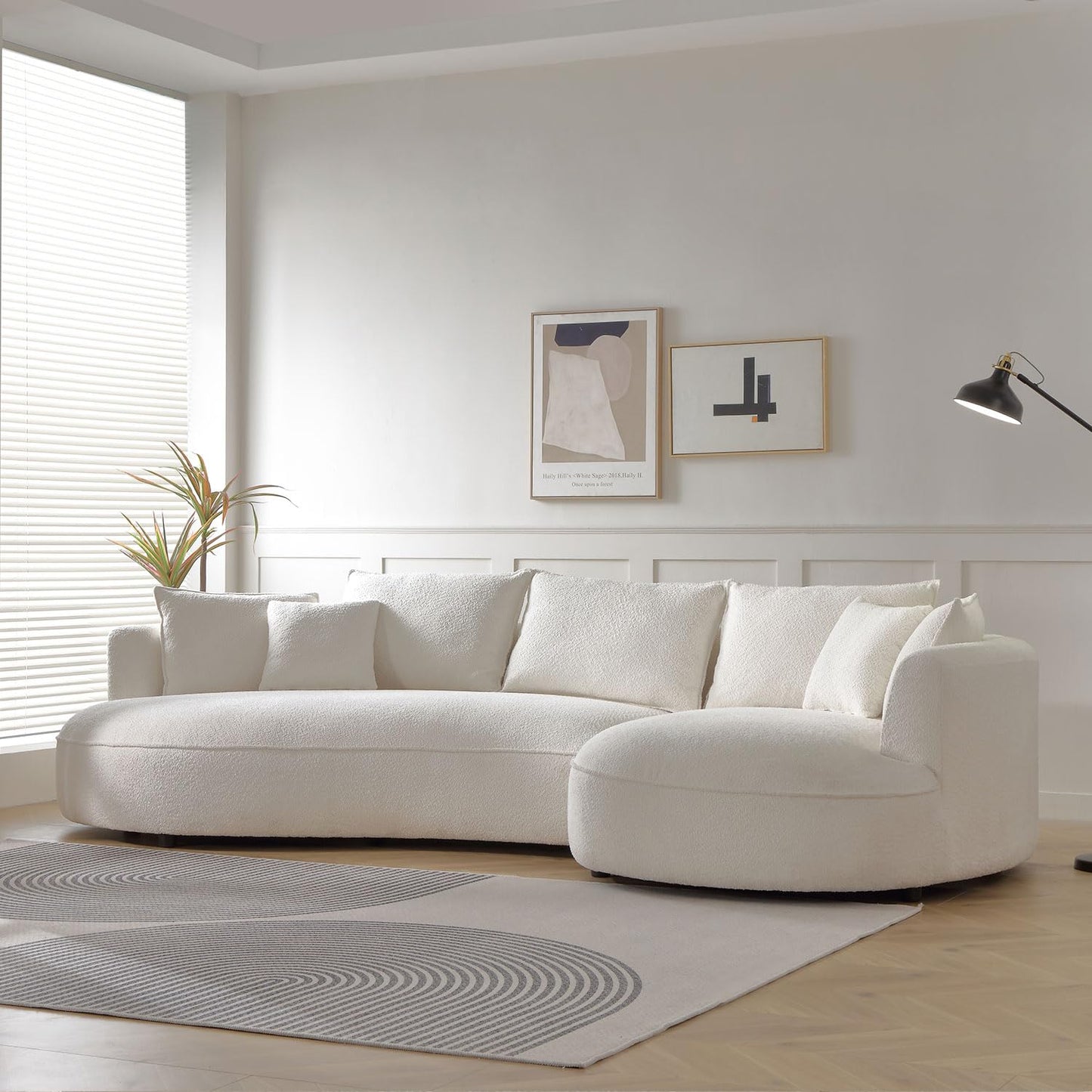 KEIKI 129" Luxury Curved Boucle Sectional Sofa with Right Chaise, Upholstered Modern Style Oversized 5-Seater Couch with Thickened Seat Cushions, Easy Assembly, for Apartment, Living Room, White