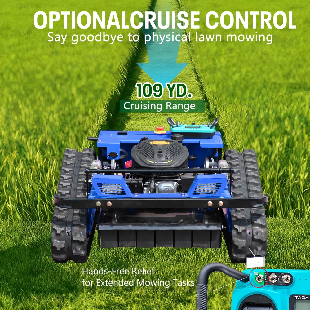 Remote Control Lawn Mower–700m Range, Hybrid Gas-Electric Power, Track Design, All-Terrain, Adjustable Cutting Height (0.79-5.9 inches)