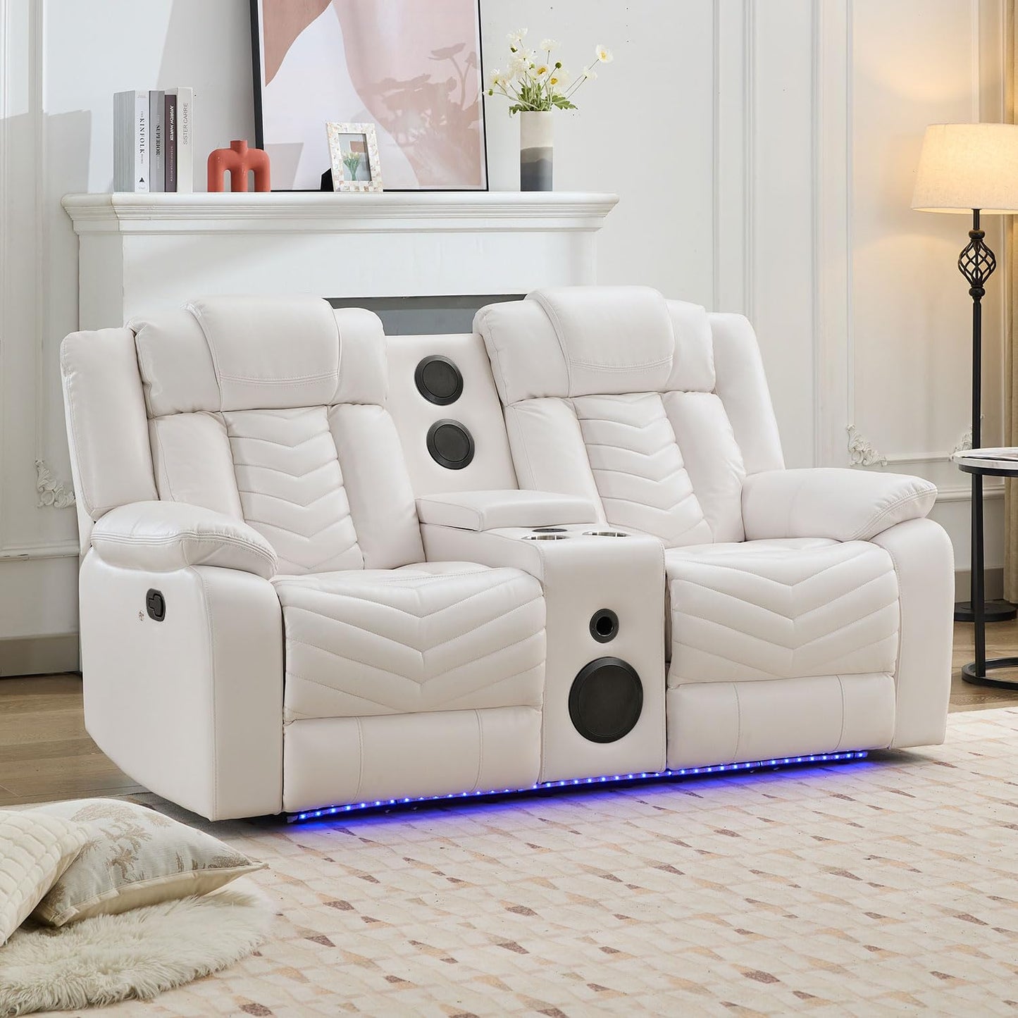 KEIKI 2-Piece Power Reclining Sofa Sets, Technical Leather Loveseat Sofa & 3 Seat Sofa, Living Room Furniture Set with Electric Recliners, Wireless Charger, Cup Holder, Storage Armrest, White