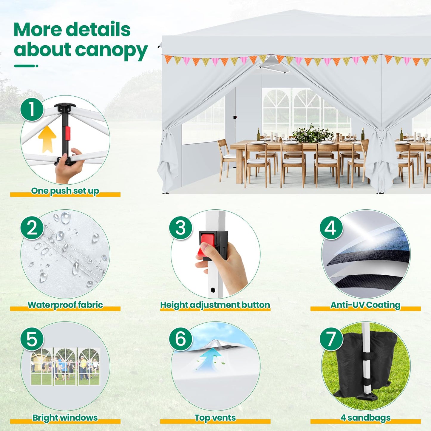 COBIZI Canopy 10x20 Pop Up Canopy Tent with 6 Sidewalls, One Push Party Tents for Parties Outdoor Wedding Waterproof Gazebo Commercial Event Tent with Sandbags, Swan White