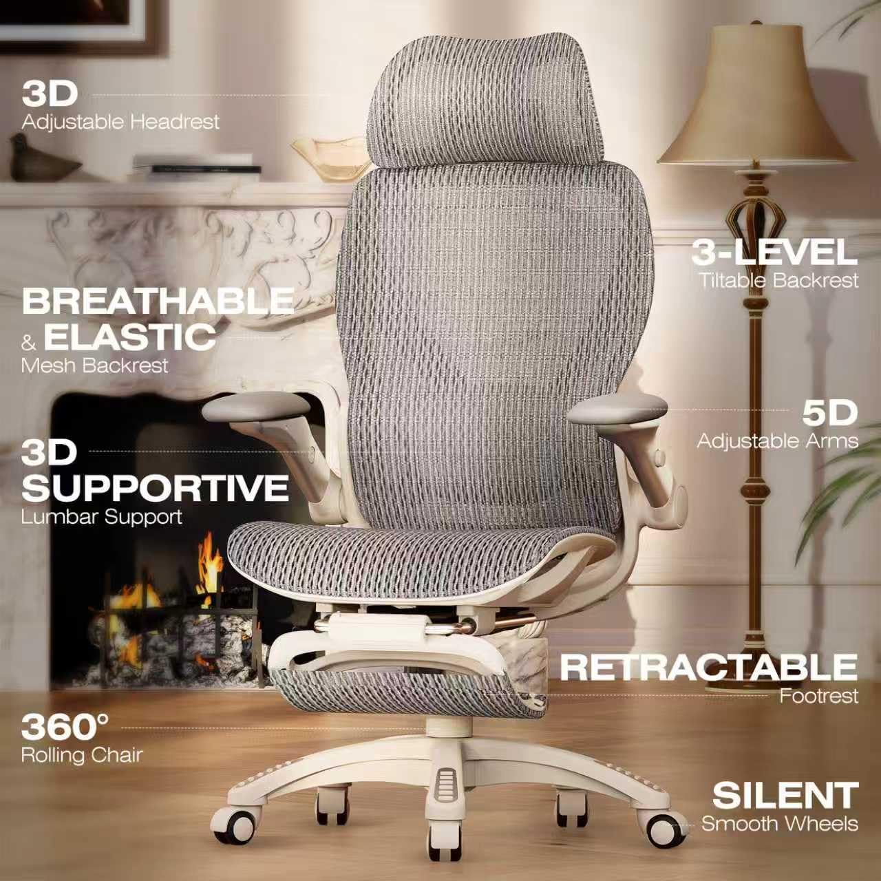ELABEST X100 Ergonomic Mesh Office Chair with Footrest, Big and Tall Home Desk Chair with 5D Flip-Up Arms, Adjustable 3D Lumbar Support, Gaming & Executive Computer Chair, First Light