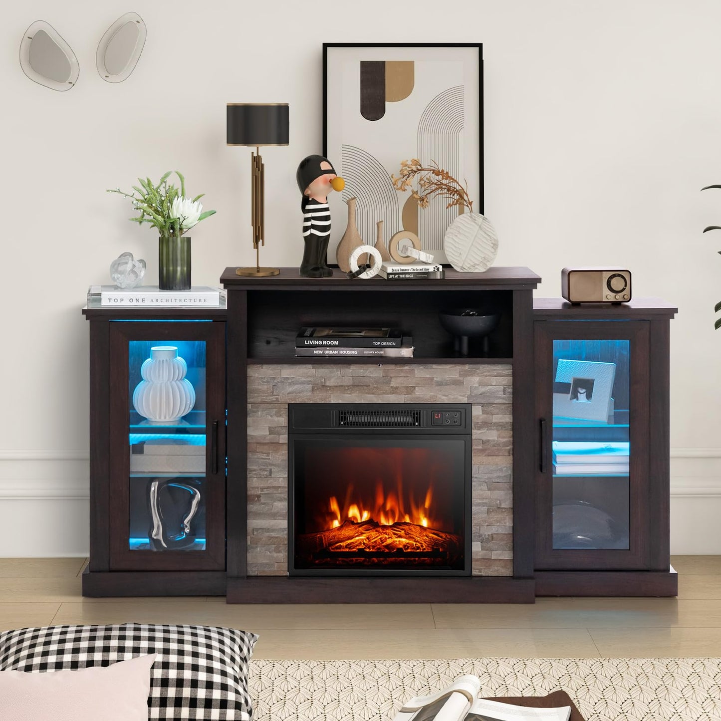 Tangkula Electric Fireplace TV Stand, Electric Fireplace Mantel with 16-Color Led Lights, Adjustable Glass Shelves, Remote & Smart APP Control, TV Console for Living Room (Black)
