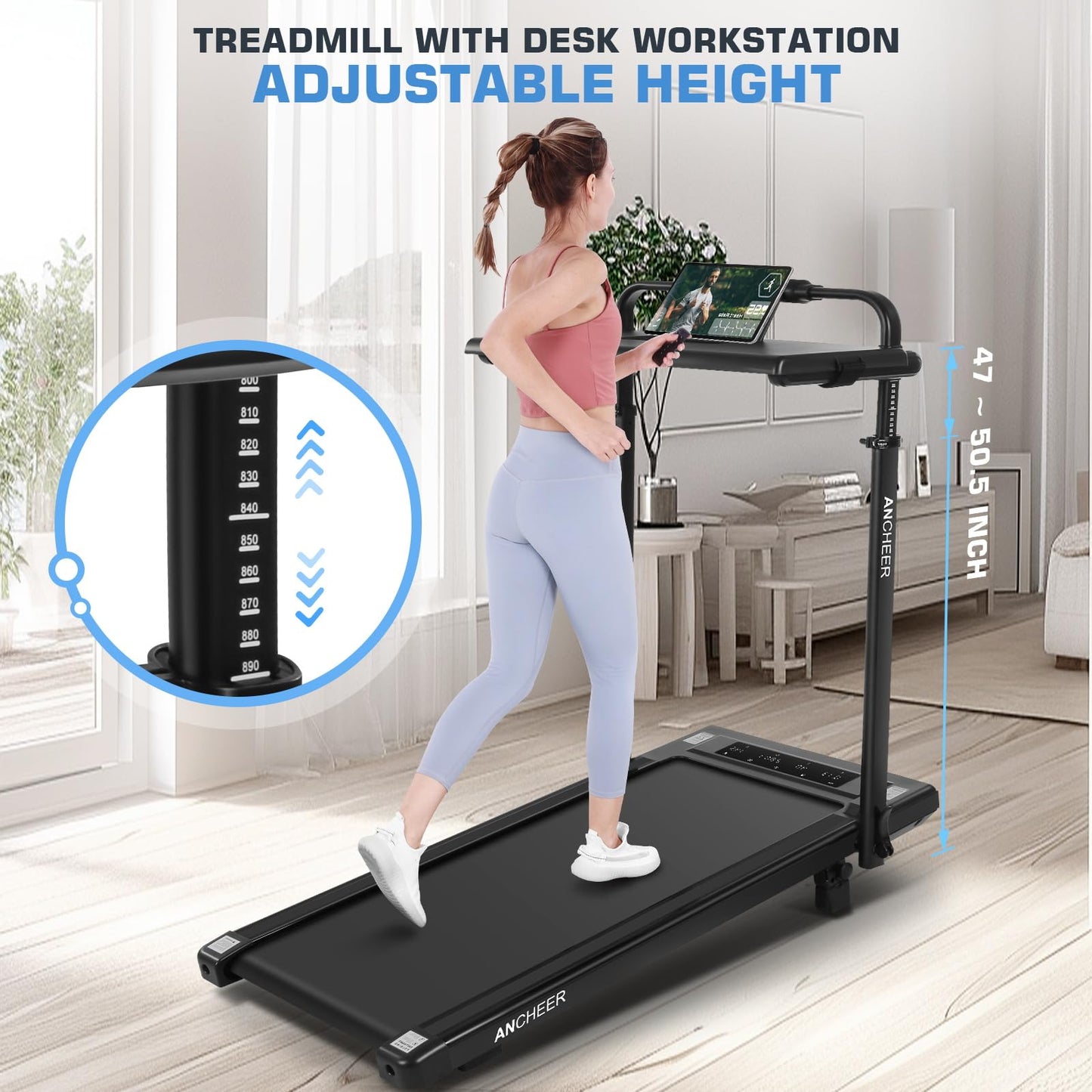 ANCHEER 15% Incline Walking Pad Treadmill with Desk Workstation & Adjustable Height, Portable Treadmills for Home 450 lbs Weight Capacity, 3.5HP Quiet Walking Pad with Desk, Installation in 4 Steps