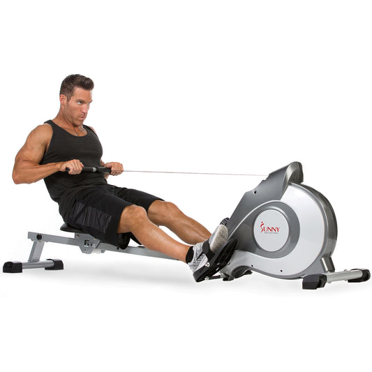 Sunny Health & Fitness Flip & Foldable Rowing Machine for Home w/Extended Slide Rail, Full-Body Workout, Low-Impact, Optional Extra Long Rail, Quiet Rail Cover, Water Motion and Free SunnyFit App