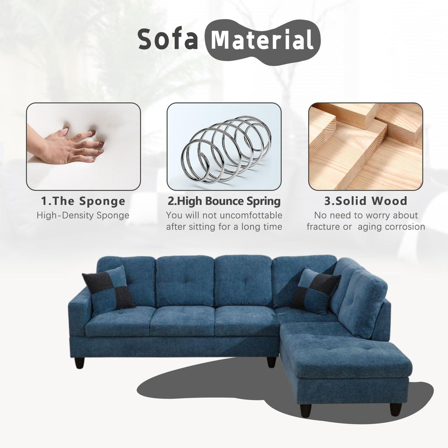 UOCFYK L-Shaped 3-Piece Flannel Sofa with Storage Ottoman Set, Sectional Couch Sofa Set for Living Room, Office, Small Space, Blue