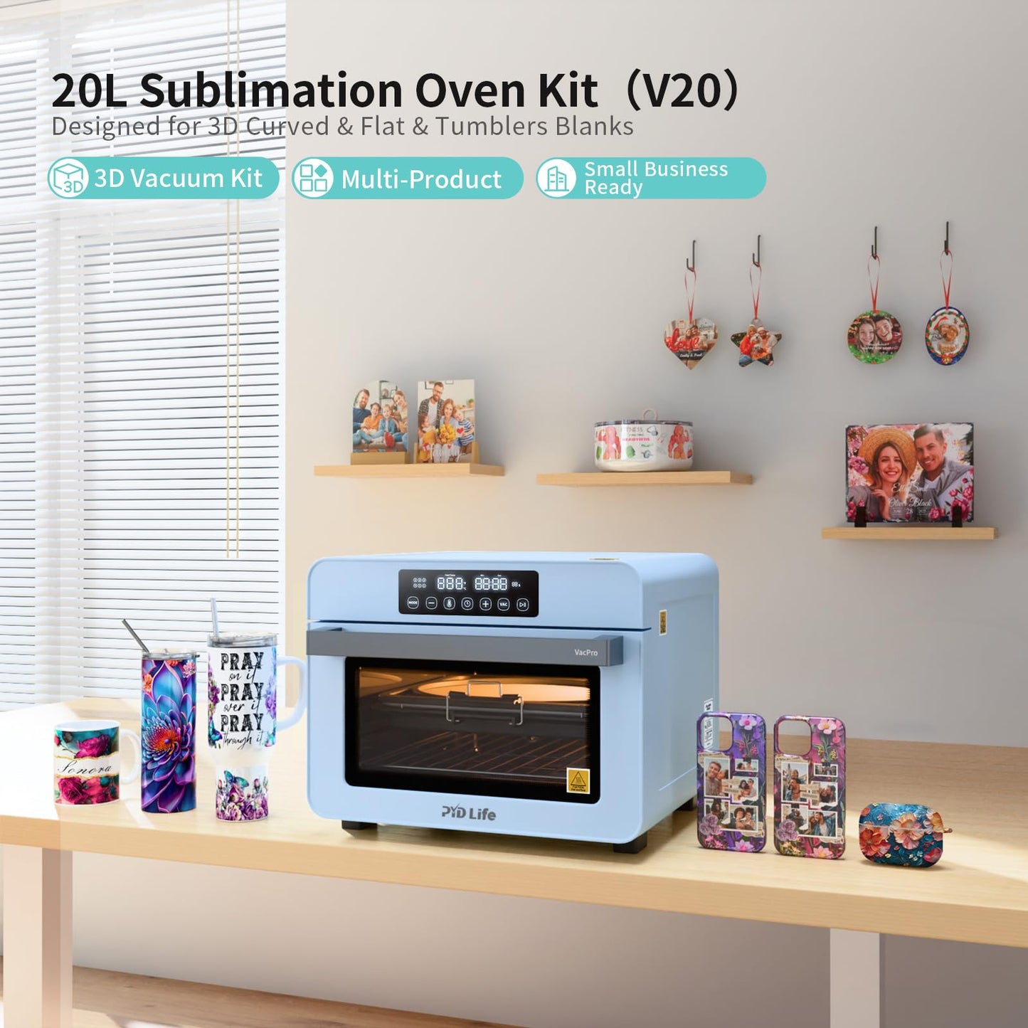 PYD Life V20 Sublimation Oven Machine with Auto Vacuum System and A4 Tray 20 L 120 V 1300 W, for 3D Phone Cases, Earphone Cases, Badge, Photo Slates, Sublimation Mugs Tumblers Blanks Printing