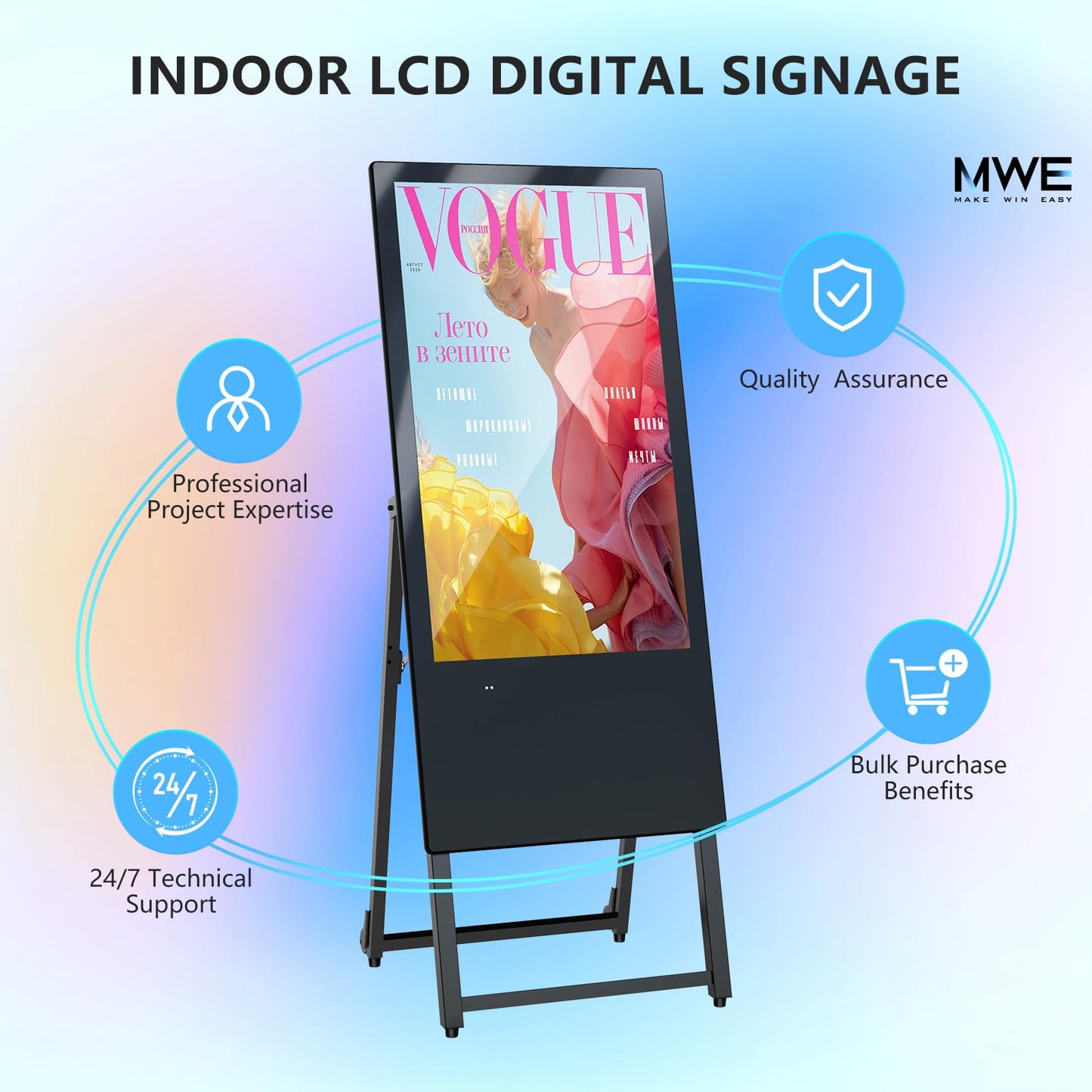 JIYANG 32 Inch Indoor Digital Signage Display,Floor Standing Advertising Digital Kiosk with Wheels,Portable LCD Poster Totem Support HDMI Input,Split Screen,Timed Open/Off,Android System
