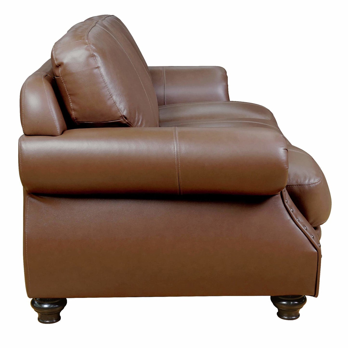 Sunset Trading Charleston 86" Wide Top Grain Leather Sofa | Chestnut Brown Classic 3 Seater Rolled Arm Couch with Nailheads