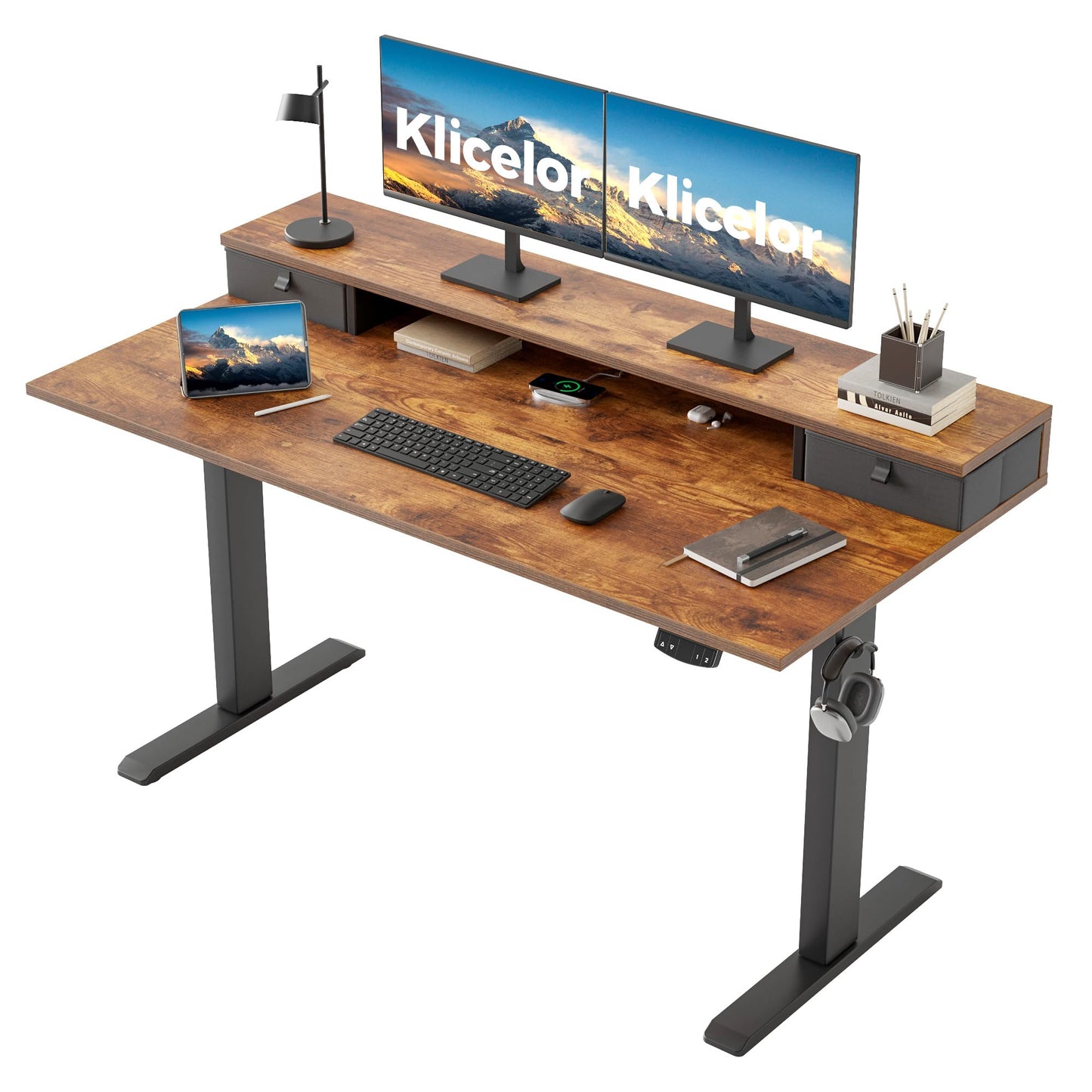 Klicelor 55 x24 Inch Electric Standing Desk with Drawers, Adjustable Height Small Sit Stand Desk for Home Office, Compact Computer Workstation with Storage– Rustic Brown