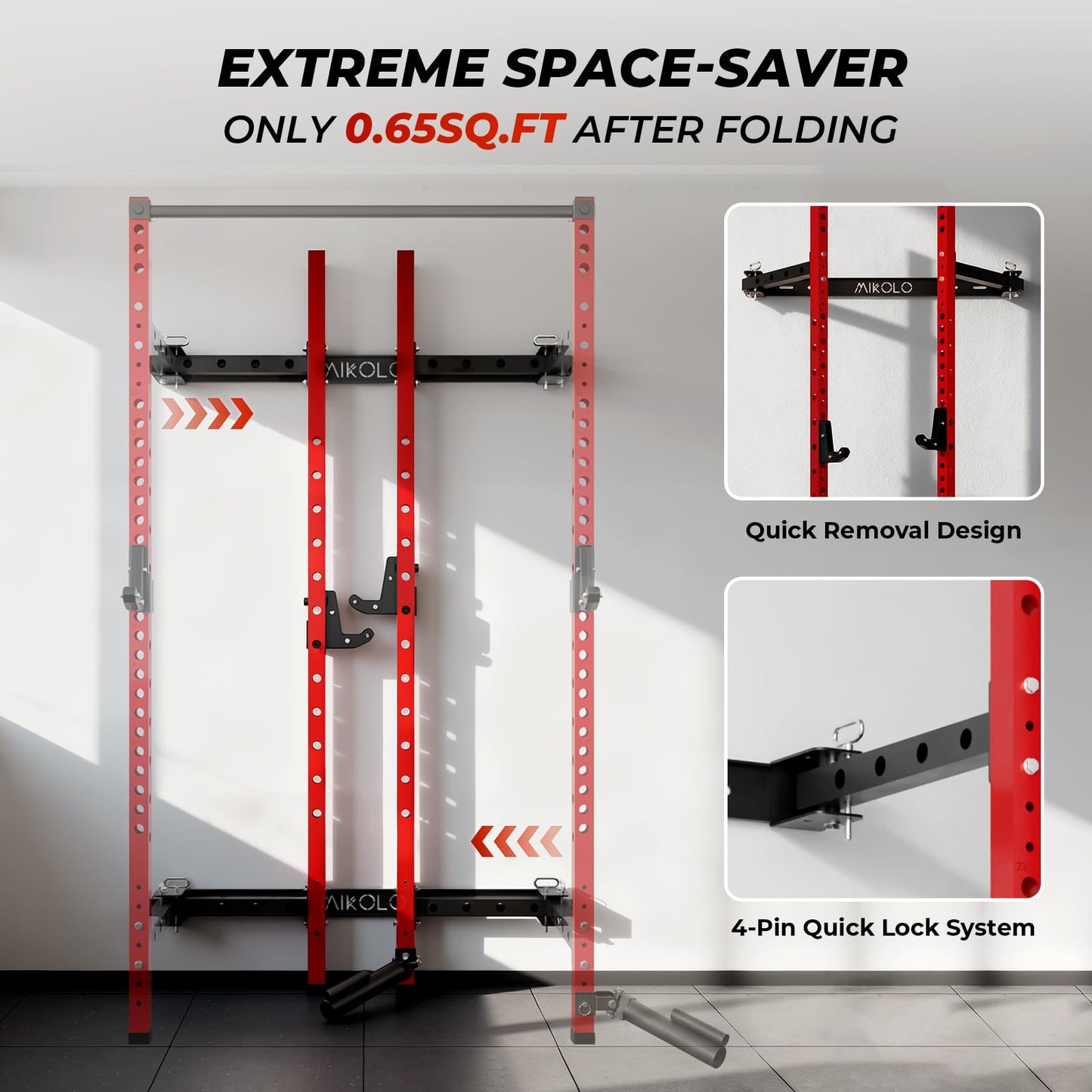 Mikolo 2" x 2" Folding Wall Mounted Squat Rack, 1000 Pounds Capacity Power Rack with Safety Catches, Pull Up Bar, J Hooks and Landmine Attachment, Space-Saving Home Gym(Red