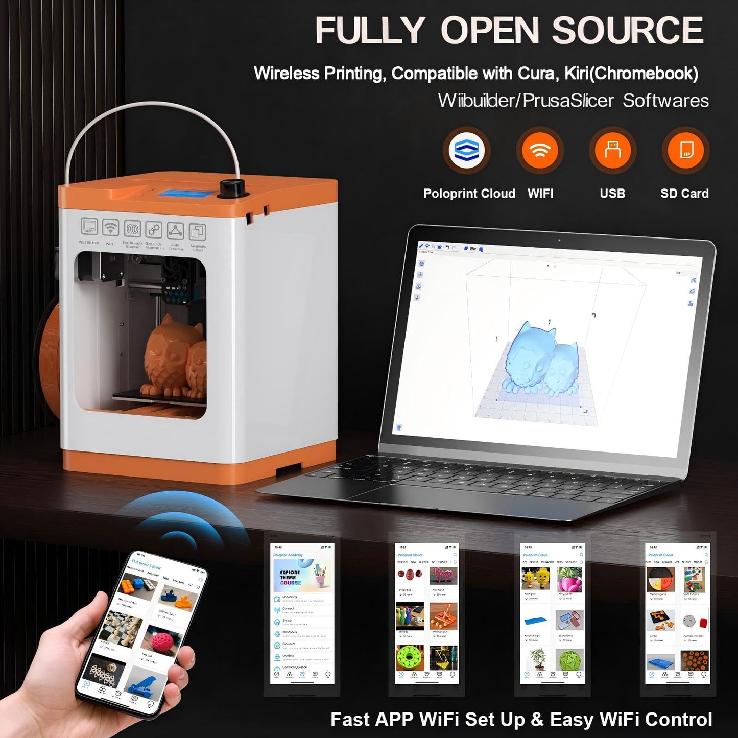 HEPHi3D TINA2S 3D Printer for Kids, Fully Assembled 3D Printers for Beginners with Huge Library APP Control, WiFi Mini 3D Printer Auto Leveling, Kid 3D Printers High Precise for Home, School, Office