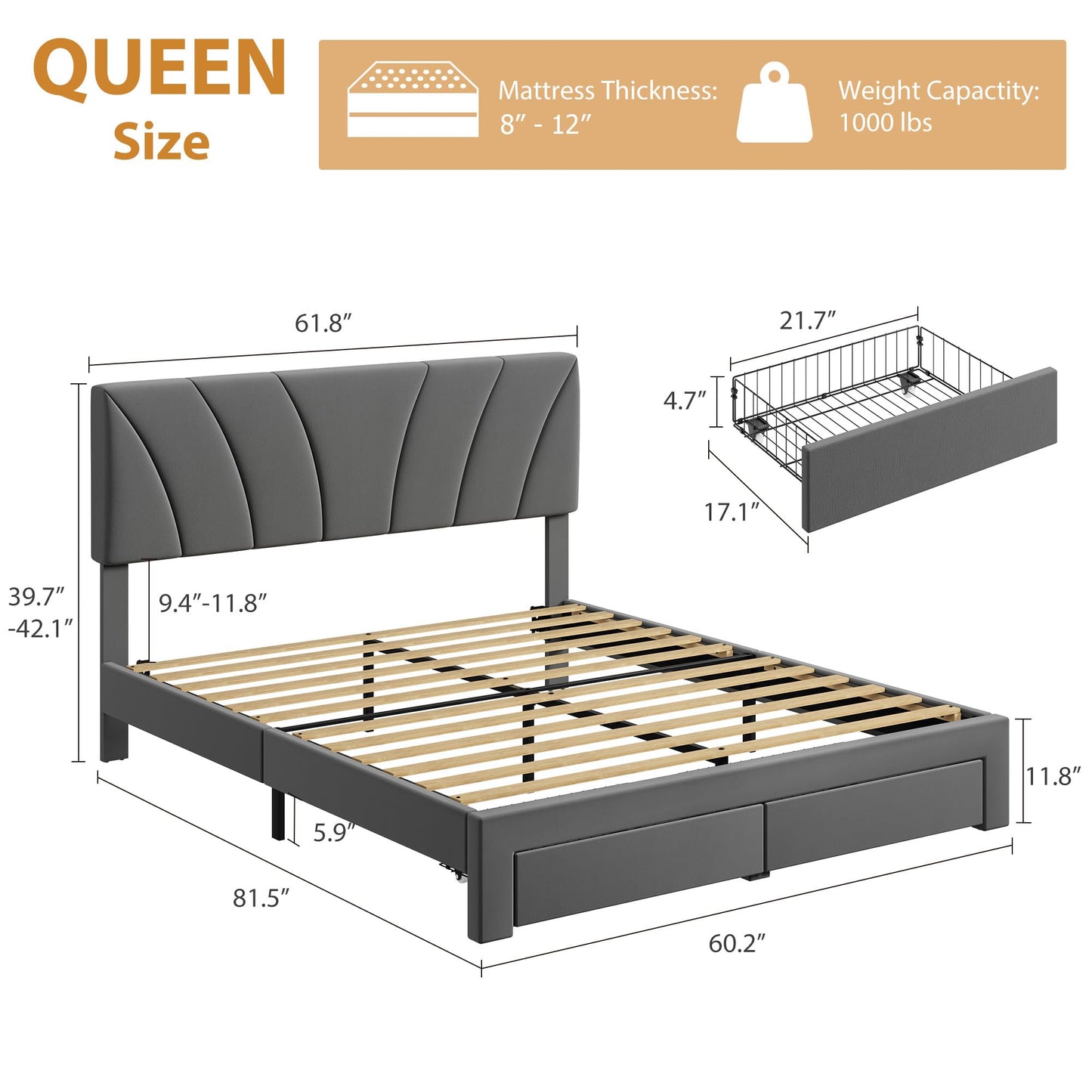 Garvee Queen Size Bed Frame with 2 Storage Drawers & Adjustable Headboard, Velvet Upholstered Platform Queen Bed Frame, Wooden Slats Support, No Box Spring Needed, Easy Assembly, Grey