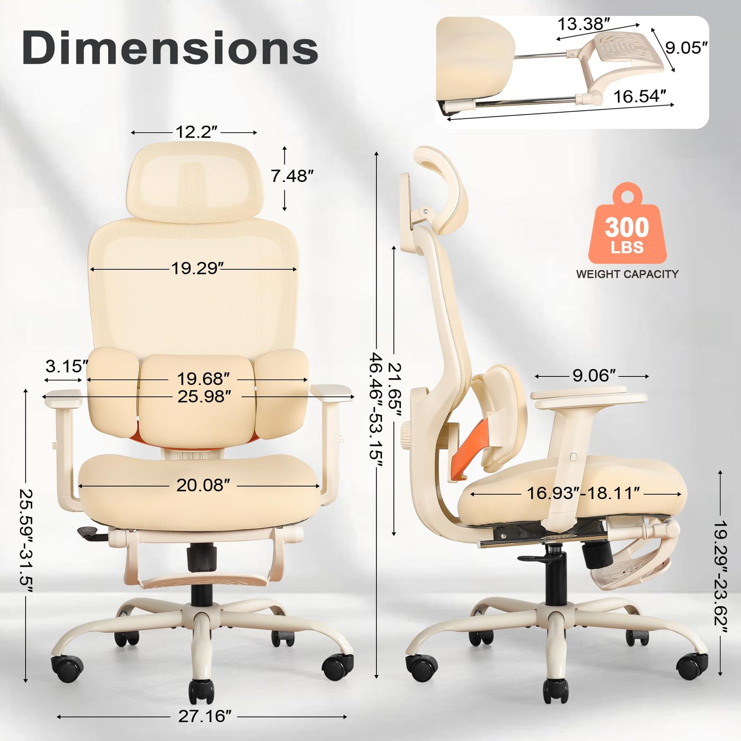 Ergonomic Office Chair with Footrest, Mesh Desk Chair with Adjustable Headrest & Armrests & Dynamic Floating Wing Lumbar Support, High Back Computer Chair for Home Office, BIFMA Certified, Beige