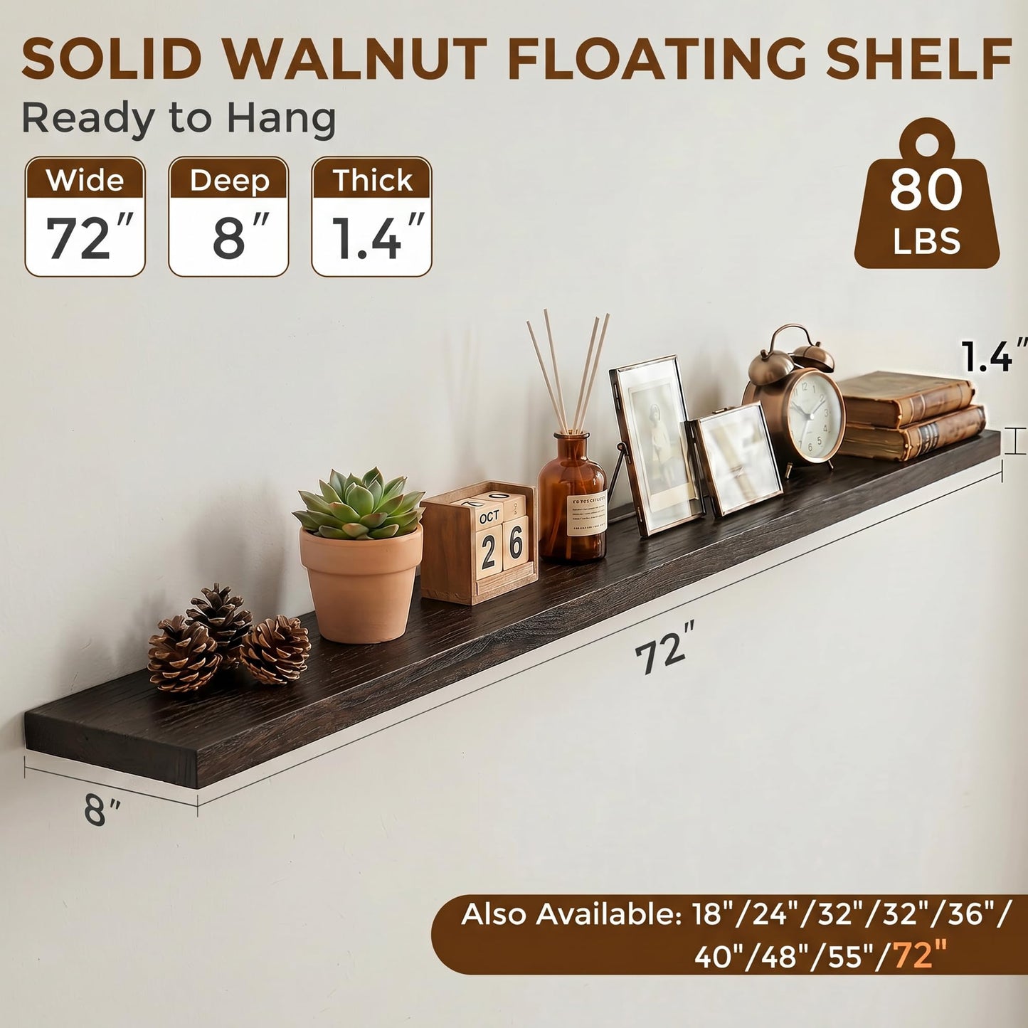 Dreamland 72 Inch Floating Shelves for Wall, Solid Elm Wood Wall Shelves for Living Room, Bedroom, Kitchen, Bathroom, Wall Mounted Long Floating Shelf Set of 1, Walnut Color