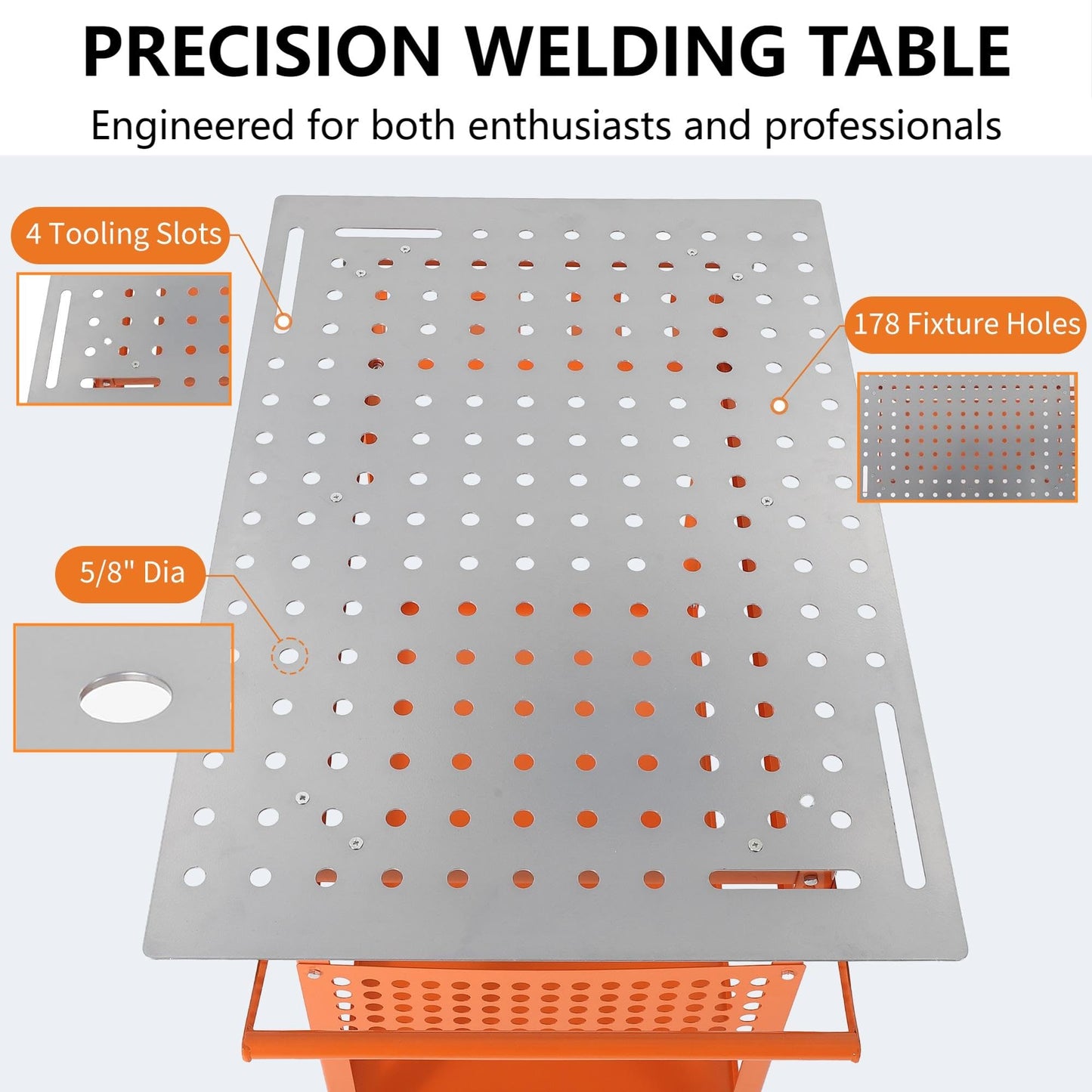 Welding Table, 36" x 24" Welding Workbench with 800LBS Steel Frame, Portable Welding Bench with 2 Brake Wheels & 4 Adjustable Feet, Side Hanging Board, 178 5/8" Fixture Holes for Garage Workshop
