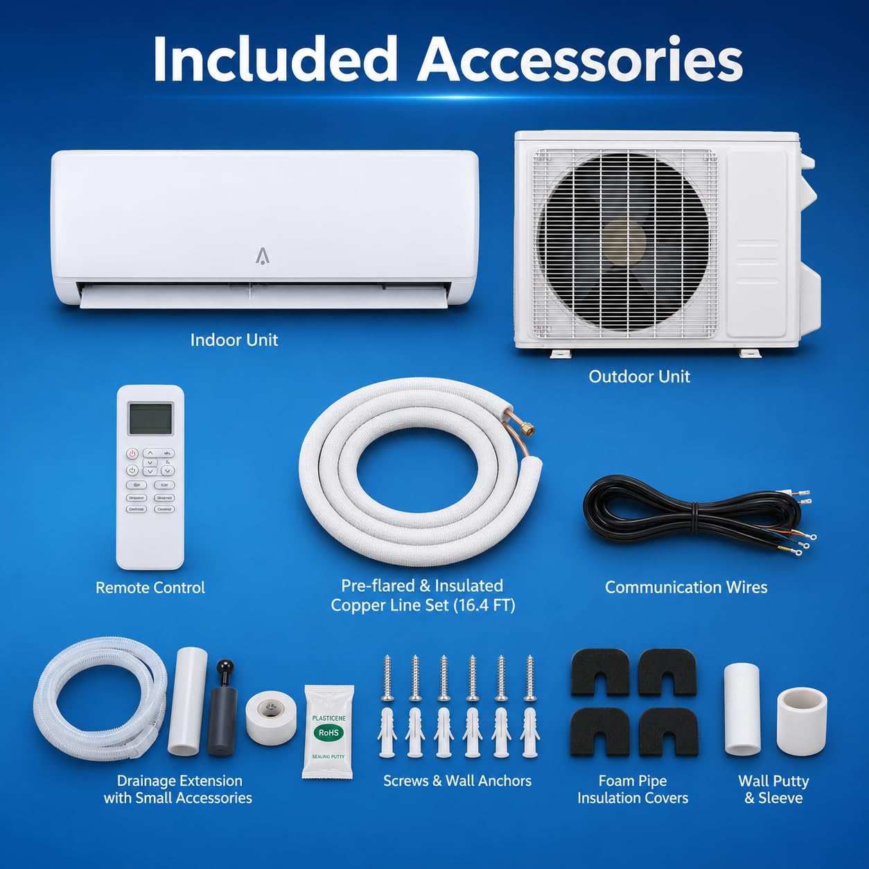 9,000 BTU Mini Split AC/Heating System, 19 SEER2 Inverter Ductless Heat Pump, WiFi Wall Mount Split System Air Conditioner, Up to 450 Sq ft, 115V, Installation Kit, Timer Sleep Mode, Quiet
