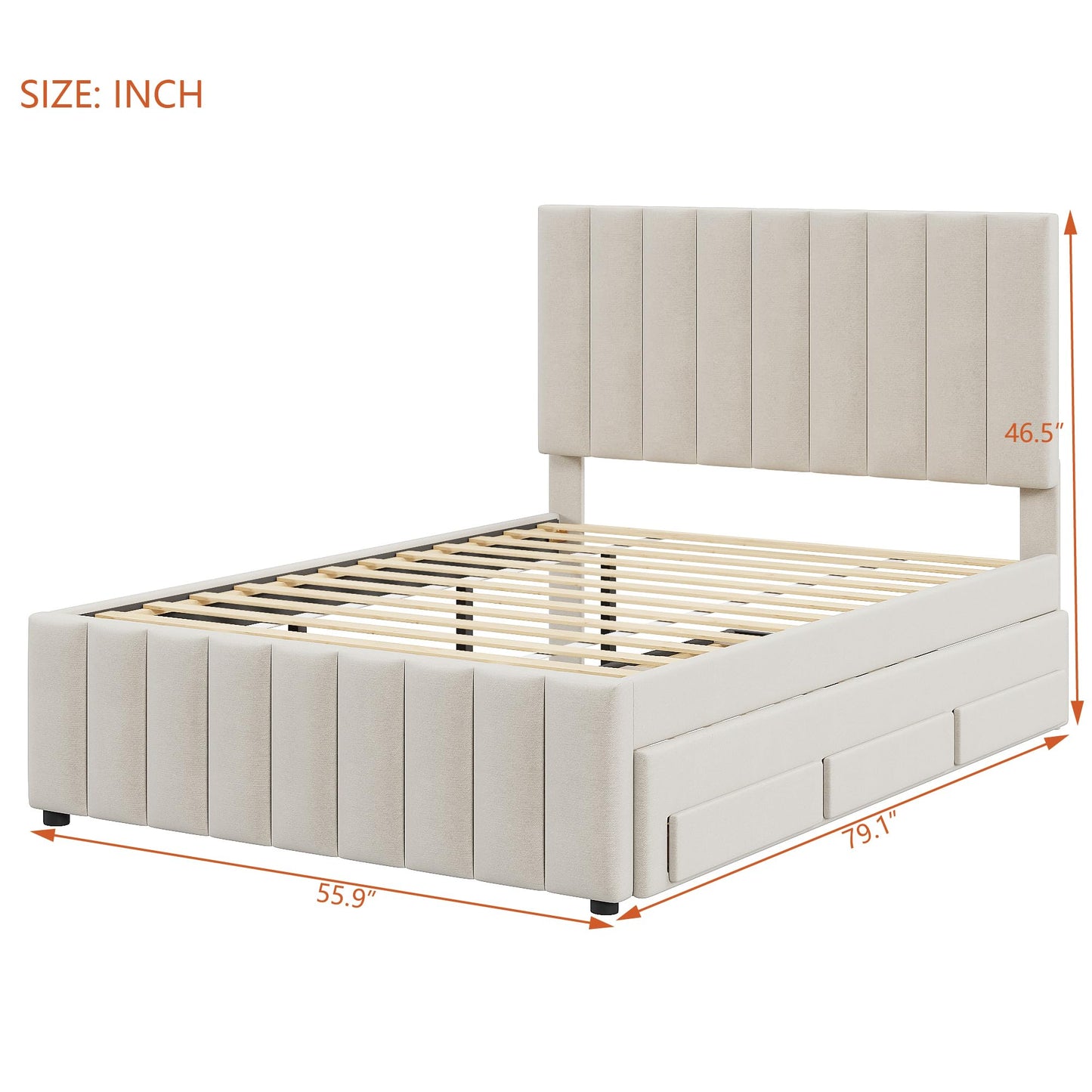 Merax Full Size Bed Frame with Trundle and 3 Storage Drawers, Elegant Linen Upholstered Platform Bed with Stripe Headboard for Bedroom, Small Spaces, No Box Spring Needed, Easy Assembly, Beige