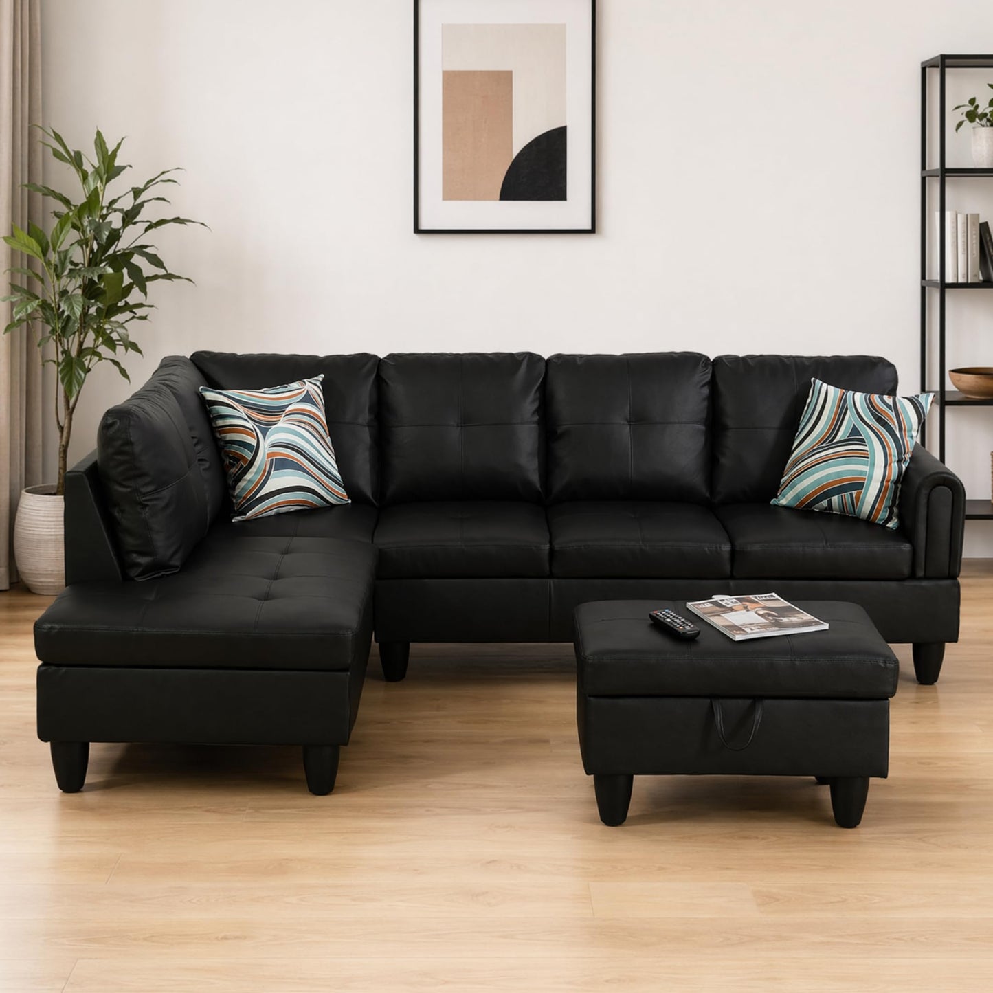 NicBex Sectional Couch 3 Pieces Sofa Set, L-Shaped Modular Couches for Living Room, Furniture Sets with Lounge Chaise & Storage Ottoman, Multi-Scene Use for Apartment & Office, Black