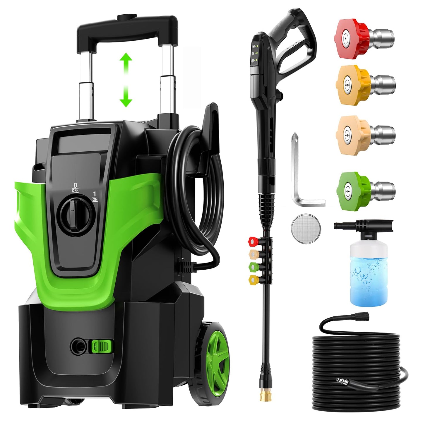 5000PSI Heavy Duty Pressure Washer, 3-Speed Adjustable Power Washer with 2-Stage Pull Rod, 4 Nozzles, Foam Cannon & 500ml Soap Bottle for Car, Home & Outdoor Cleaning,Green