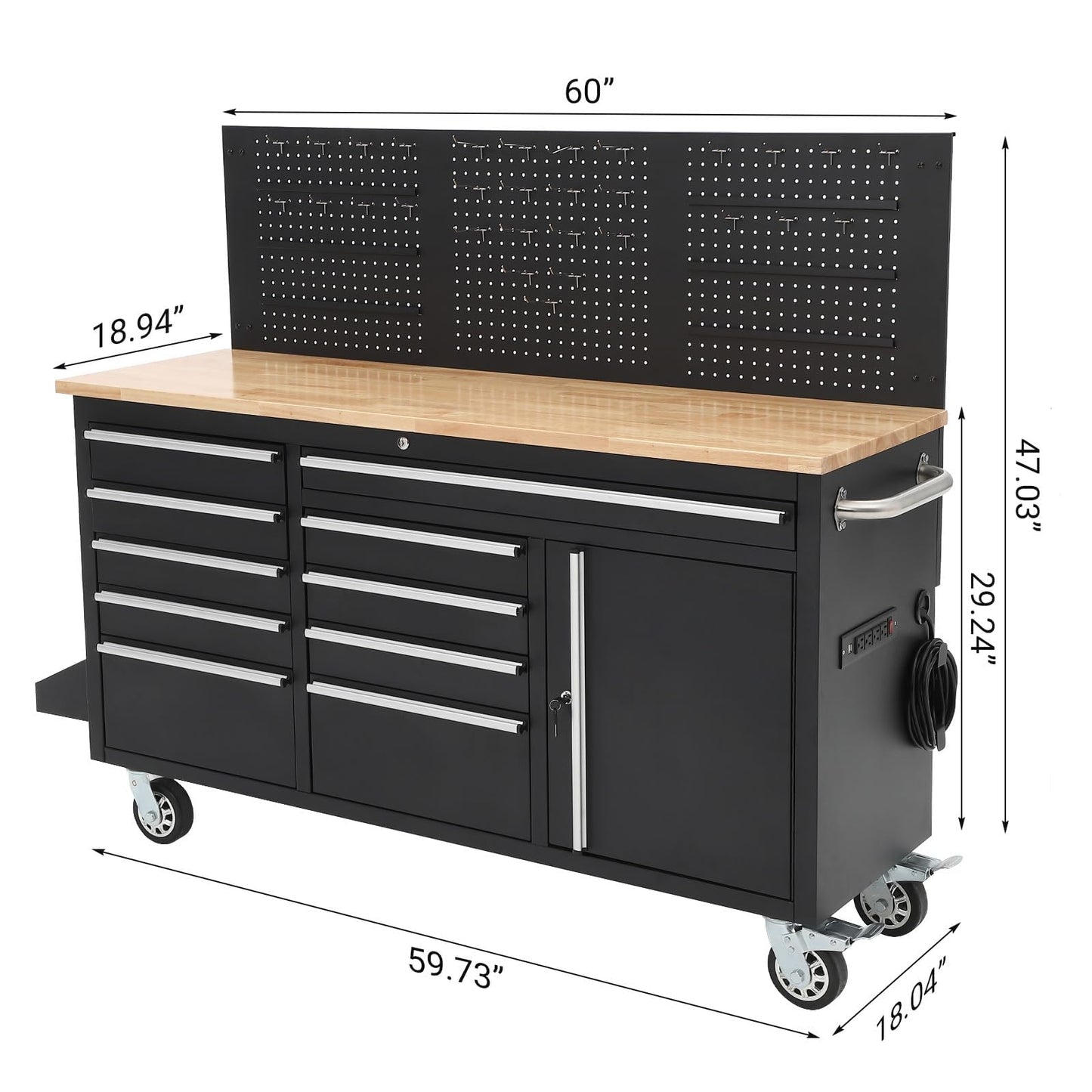 61" Rolling Tool Chest Workbench with 10-Drawers & Solid Rubber Wood Top, Mobile Heavy Duty Tool Storage Cabinet with Lock, Casters, Drawer Liner & 1675 LBS Load Capacity, Includes Power Strip