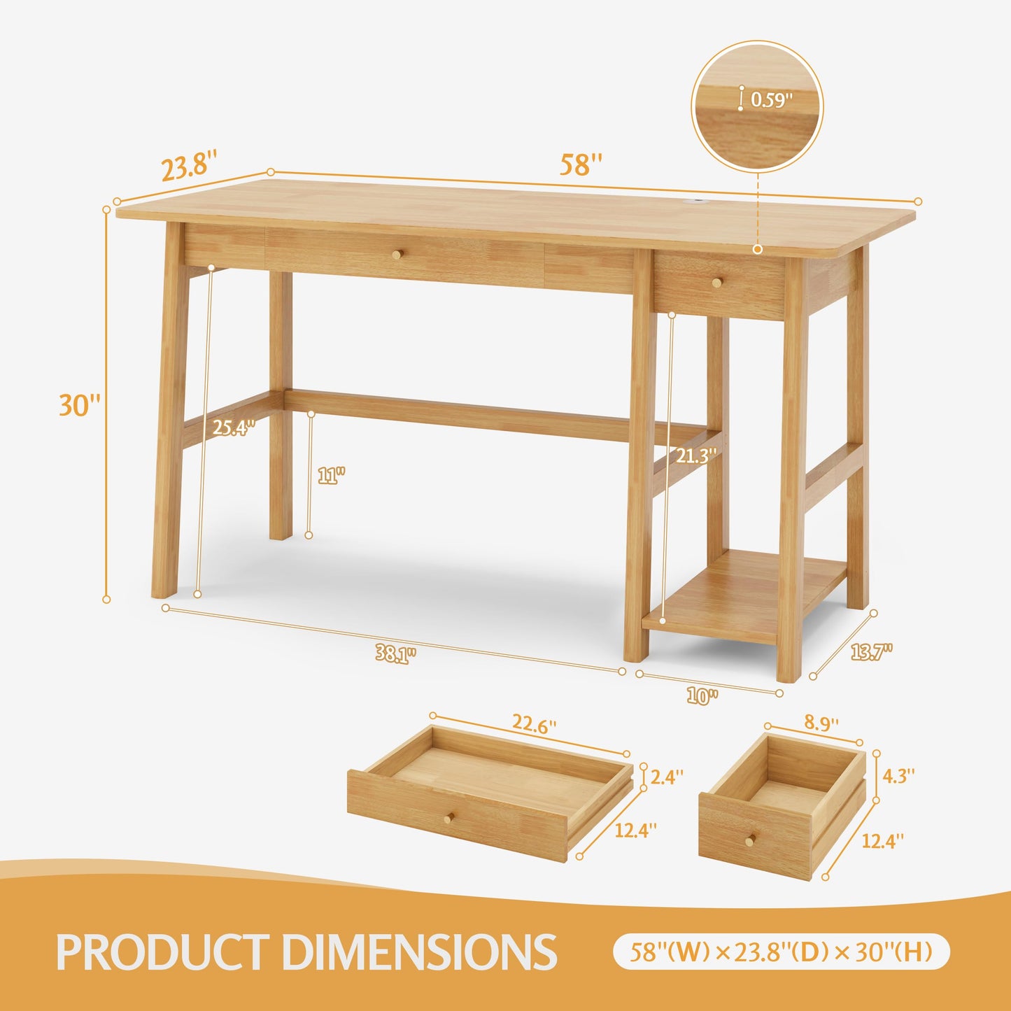 NELYE Solid Wood Desk with Drawer - 58 Inch Modern Writing and Computing Workstation for Home Office in Oak