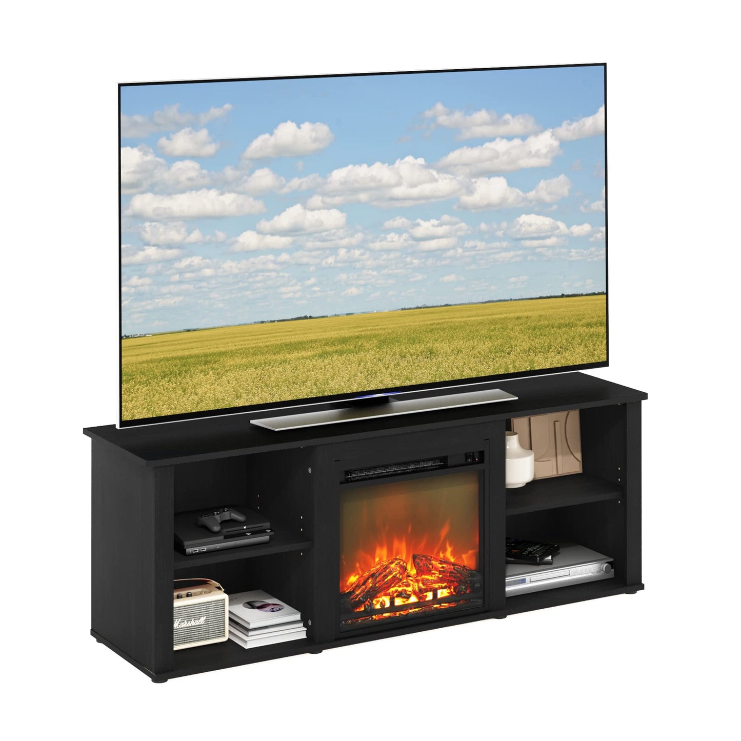 Furinno Classic TV Stand with Fireplace, Entertainment Center, TV Console for TV up to 60 Inch, for Living Room, Bedroom, Dark Americano