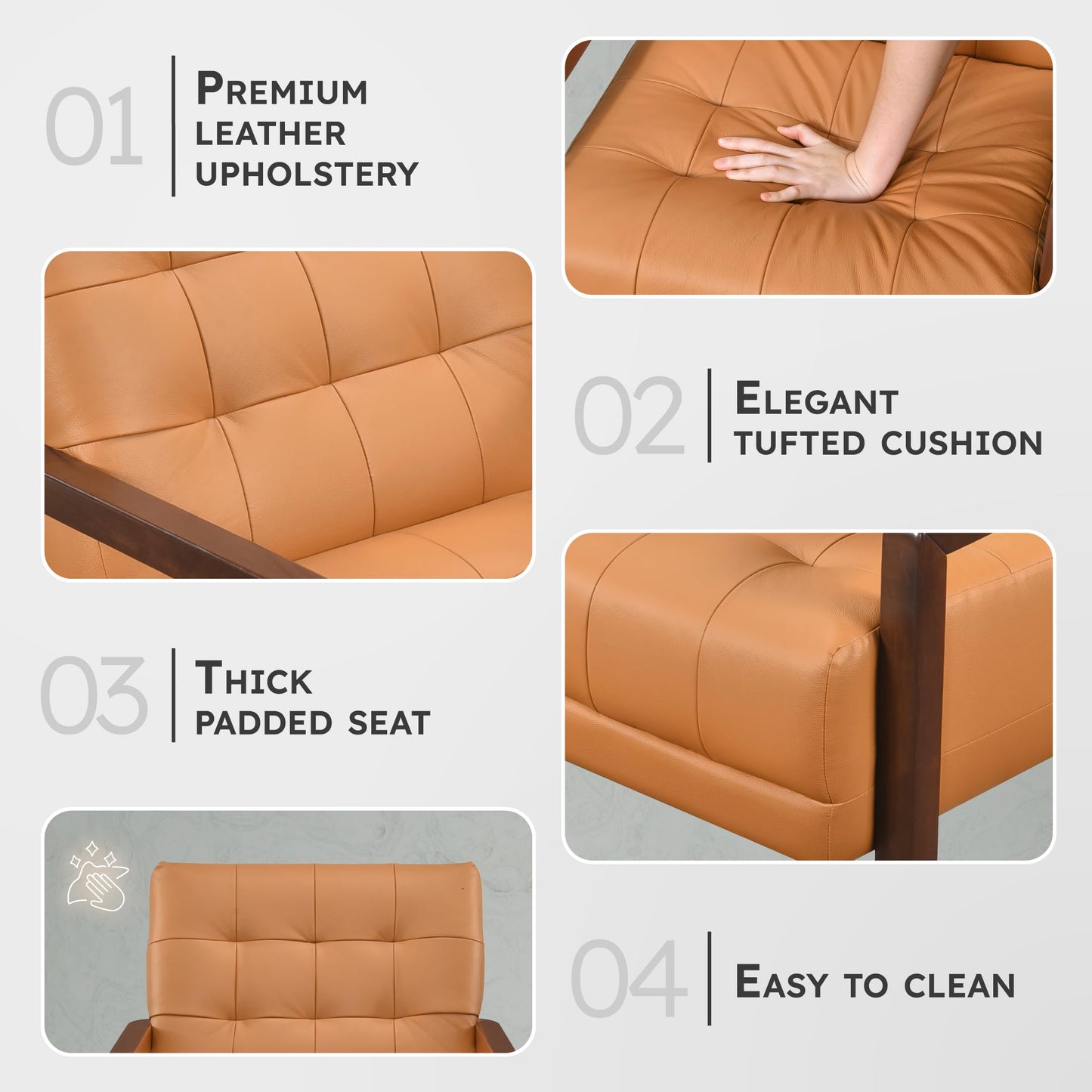 Lexicon Modern Accent Chair, Luxury Genuine Leather Match Living Room Chair with Tufted Cushions, Solid Wood Frame and Arm Rest, Comfy Upholstered Single Seat for Bedroom/Reading/Office, Orange