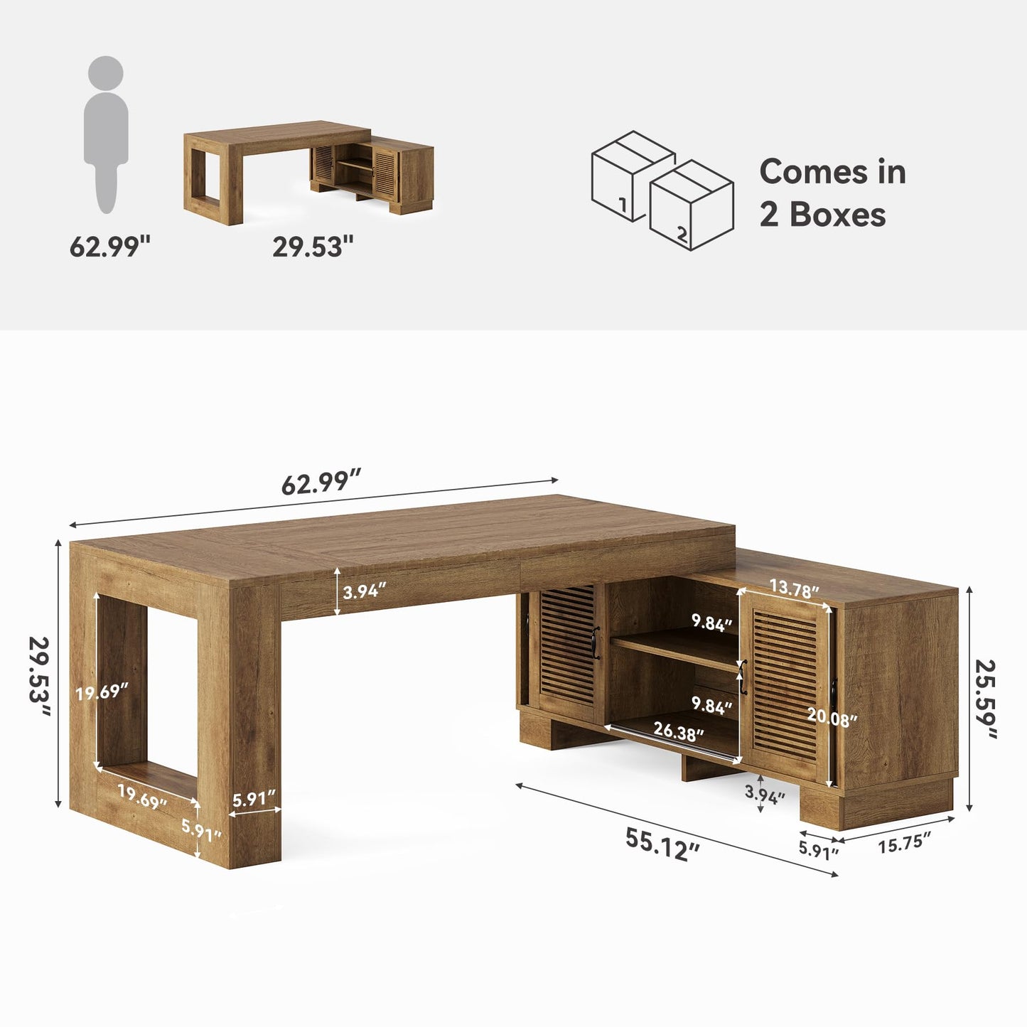 LITTLE TREE 63" L Shaped Executive Desk with Storage, Farmhouse Home Office Desk with 2-Tier Cabinets and Shelves, Large Wooden Computer Table Business Furniture Workstation Set, Brown
