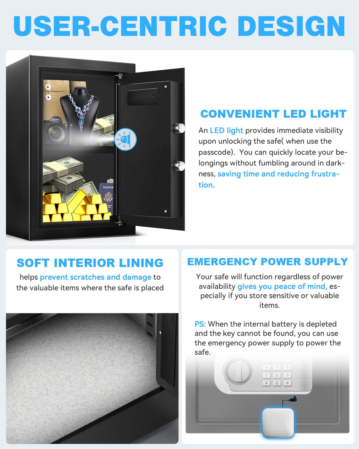 VaultHex Large Safe Box for Home - 3.0 CuFt Heavy-Duty Cabinet with Motion Light & Dual Alarm, Digital Keypad & Override Key, Removable Shelf - Spacious Black Safe for Documents, Laptops, and More