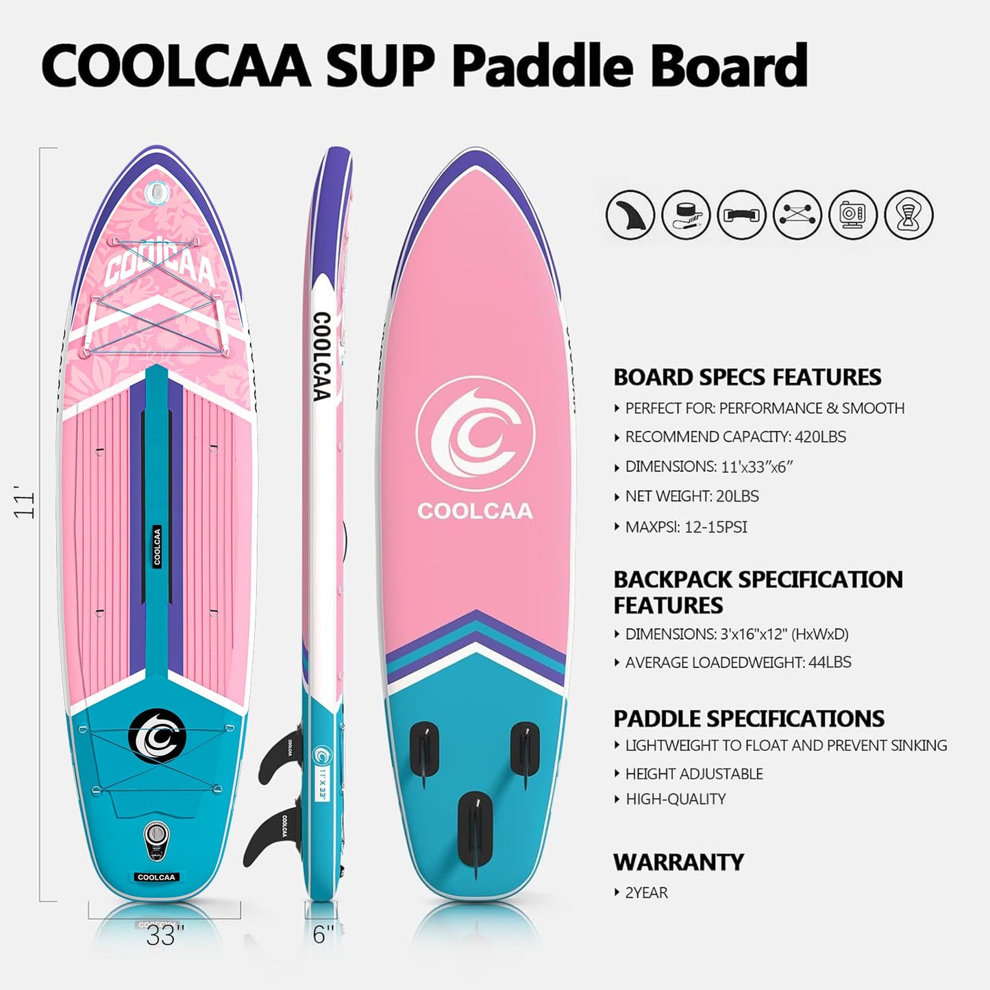 COOLCAA Dolphin Lite 11' Inflatable Stand-Up Paddle Board, 420Lbs Capacity SUP Board with 33'' Extra Wide, Fishing Paddleboard with Accessories & Bag for Adults Youth (Pink Coast)