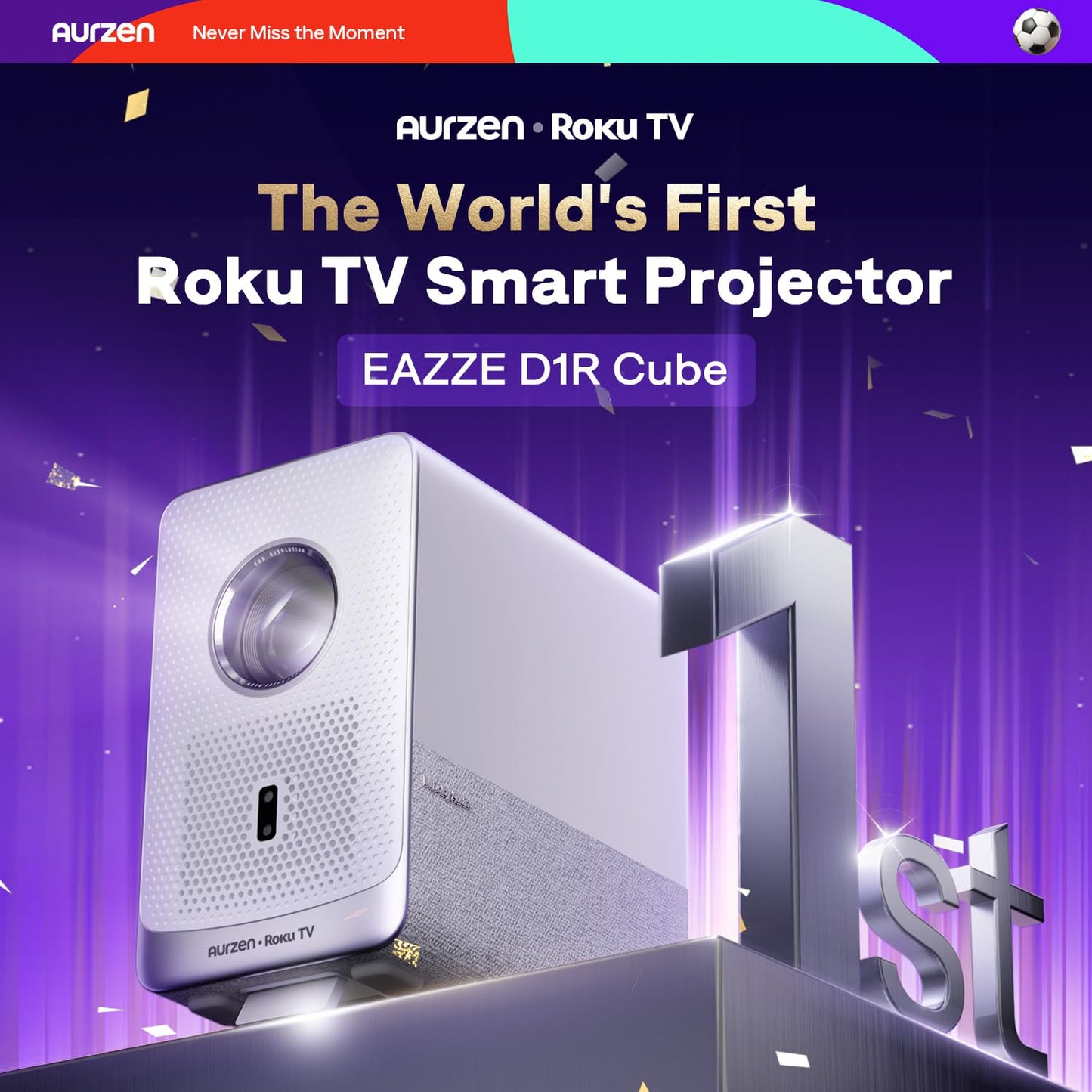 Aurzen Roku TV Smart Projector with Wifi and Bluetooth, D1R Cube Roku Streaming Experience Built-in, Sealed Optical Engine, 1080P FHD, DoIby Audio,Portable Mini Projector for Soccer Game/Outdoor Movie