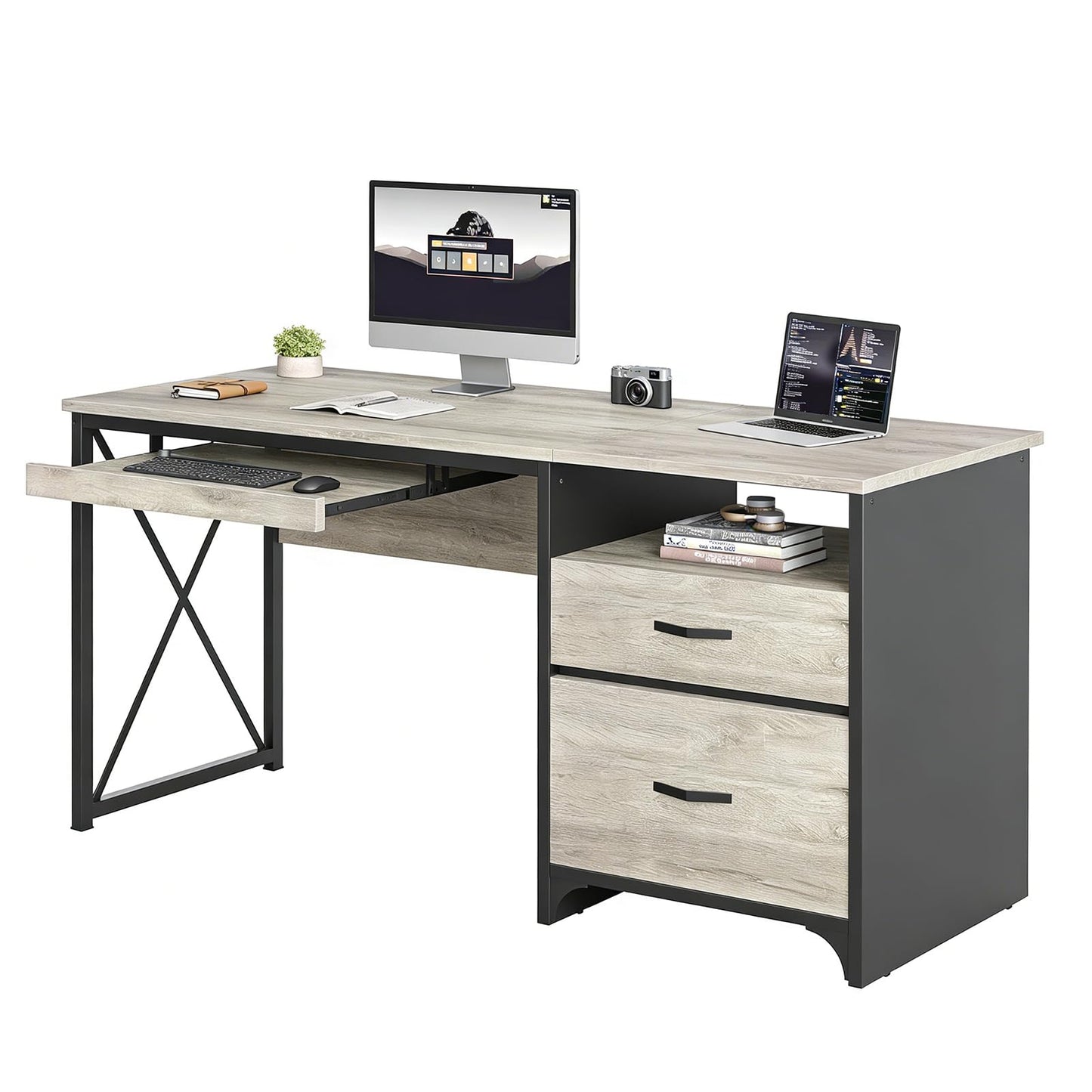 Bestier Office Desk with Drawers, 55 inch Industrial Computer Desk with Storage, Wood Teacher Desk with Keyboard Tray & File Drawer for Home Office, Light Gray Oak